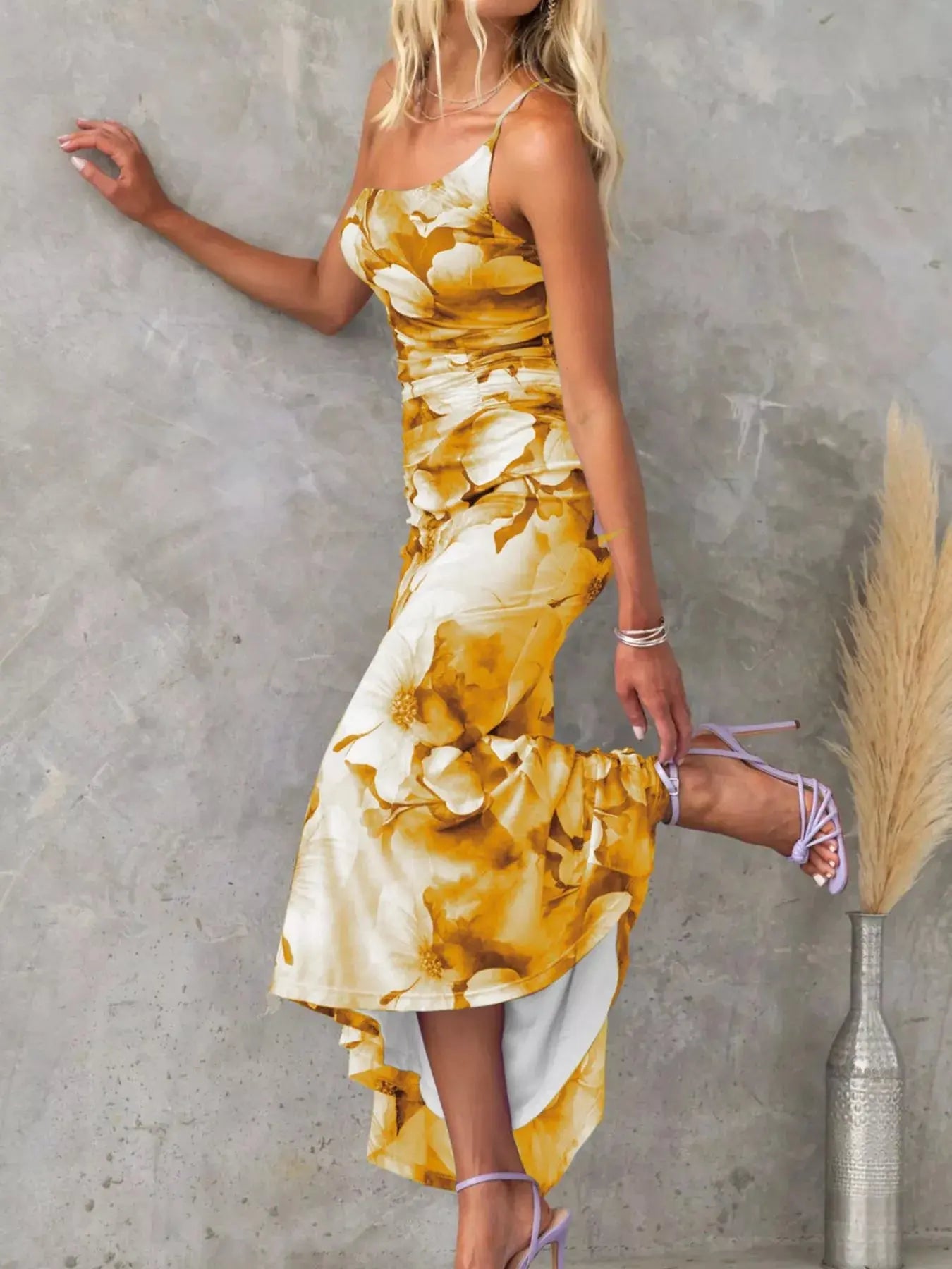 Floral Print One Shoulder Ruched Maxi Dress Asymmetrical Polyester Trendsi