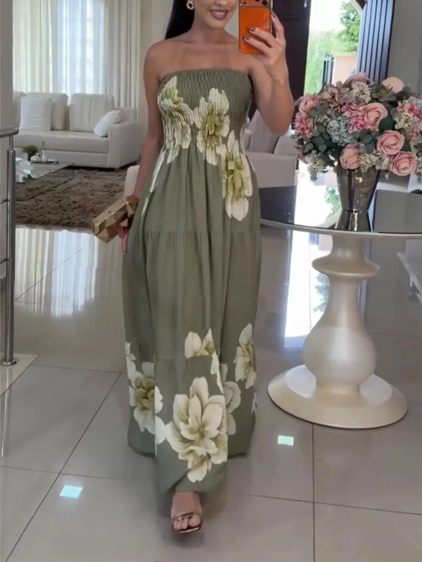 Floral Print Smocked Tube Maxi Dress 100 Percent Polyester Imported Trendsi