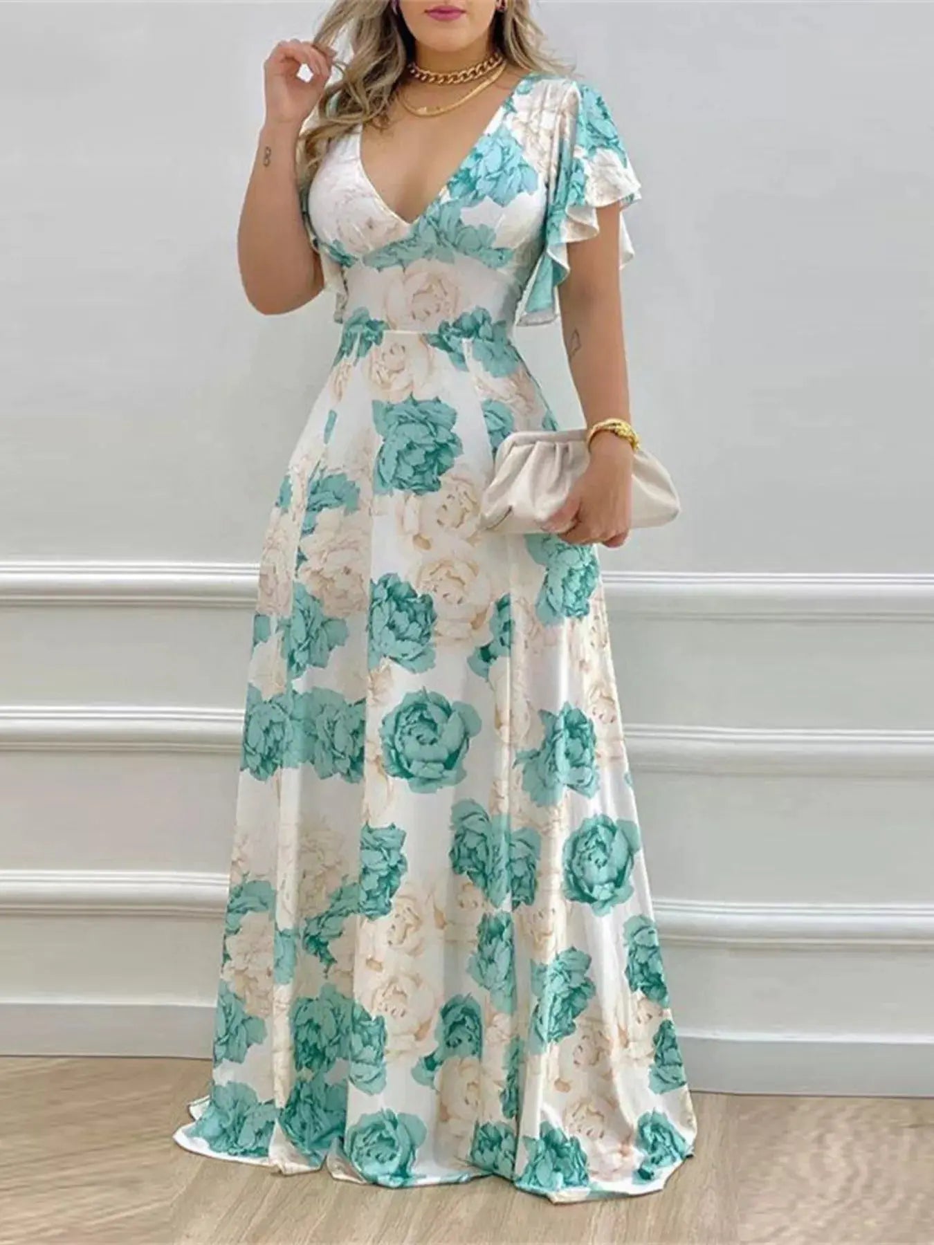 Floral Print V Neck Ruffle Sleeve Maxi Dress For Spring Trendsi
