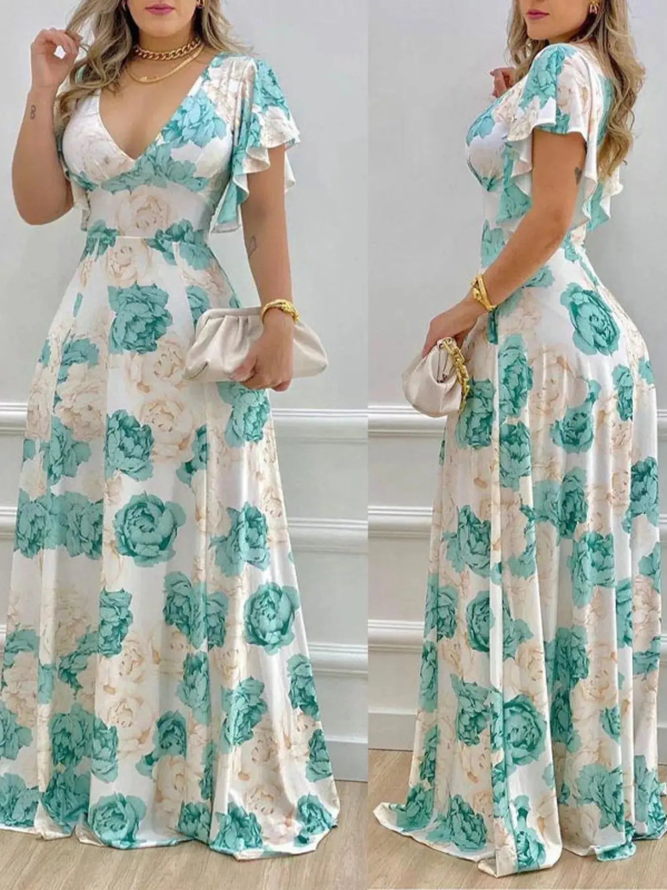 Floral Print V Neck Ruffle Sleeve Maxi Dress For Spring Trendsi