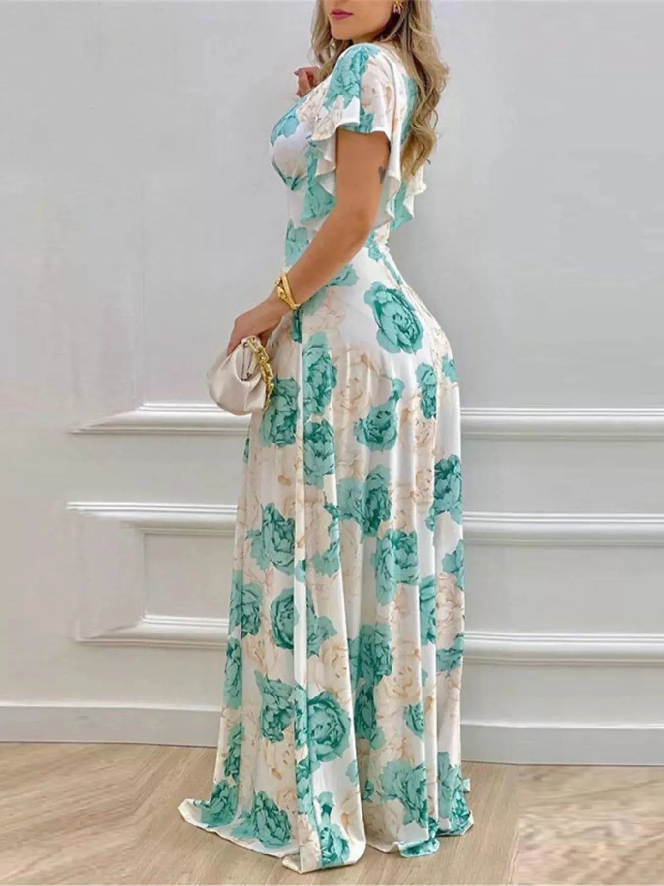 Floral Print V Neck Ruffle Sleeve Maxi Dress For Spring Trendsi