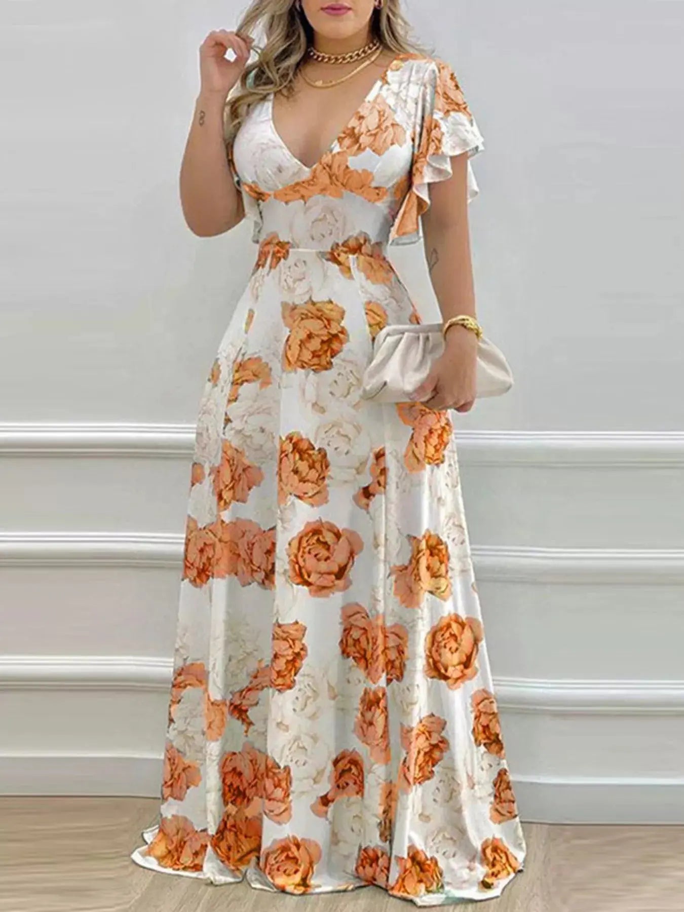 Floral Print V Neck Ruffle Sleeve Maxi Dress For Spring Trendsi