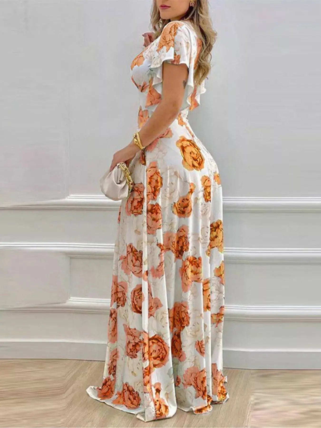 Floral Print V Neck Ruffle Sleeve Maxi Dress For Spring Trendsi