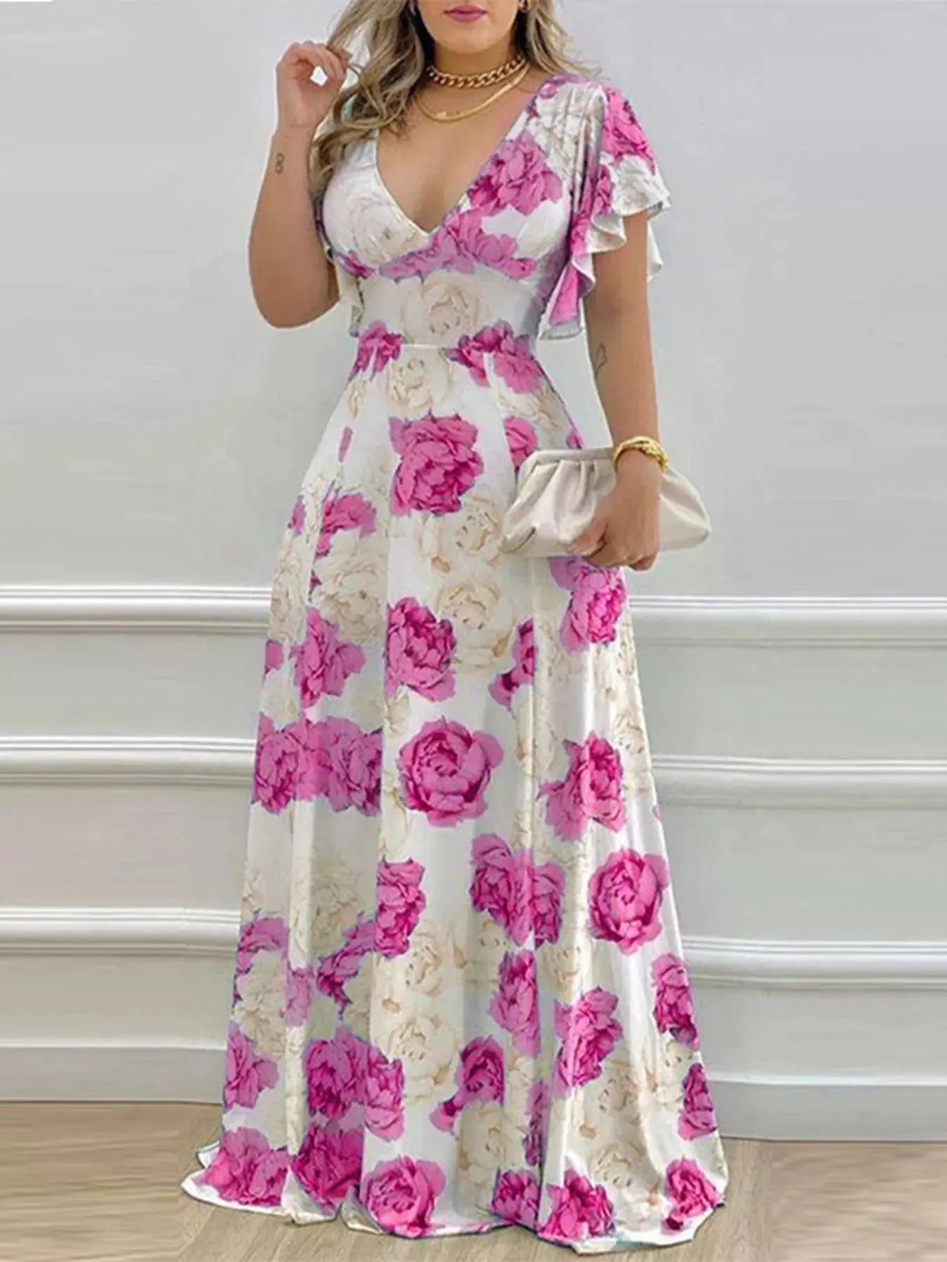 Floral Print V Neck Ruffle Sleeve Maxi Dress For Spring Trendsi