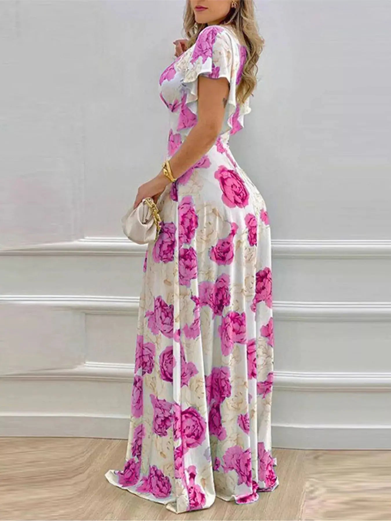 Floral Print V Neck Ruffle Sleeve Maxi Dress For Spring Trendsi