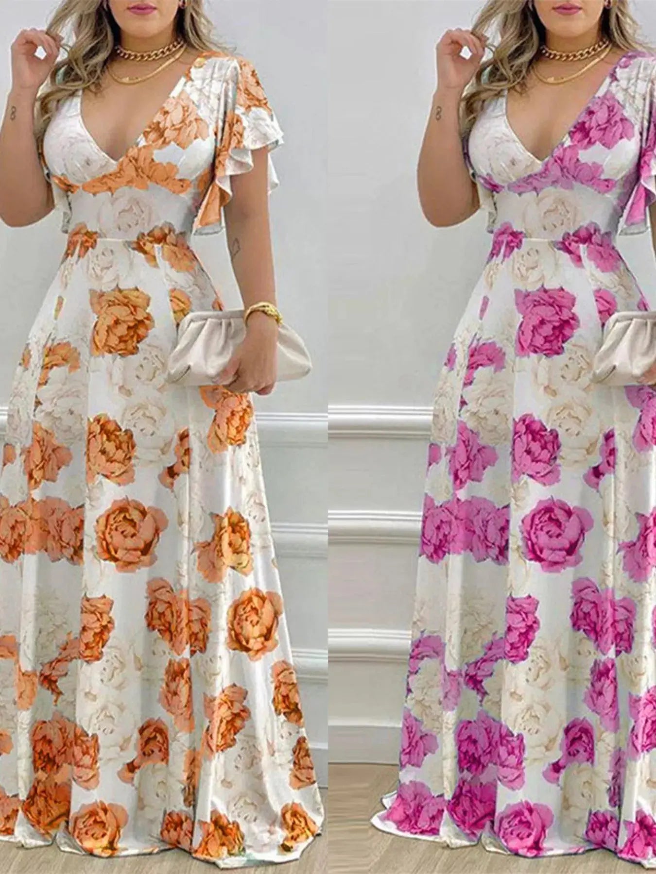 Floral Print V Neck Ruffle Sleeve Maxi Dress For Spring Trendsi