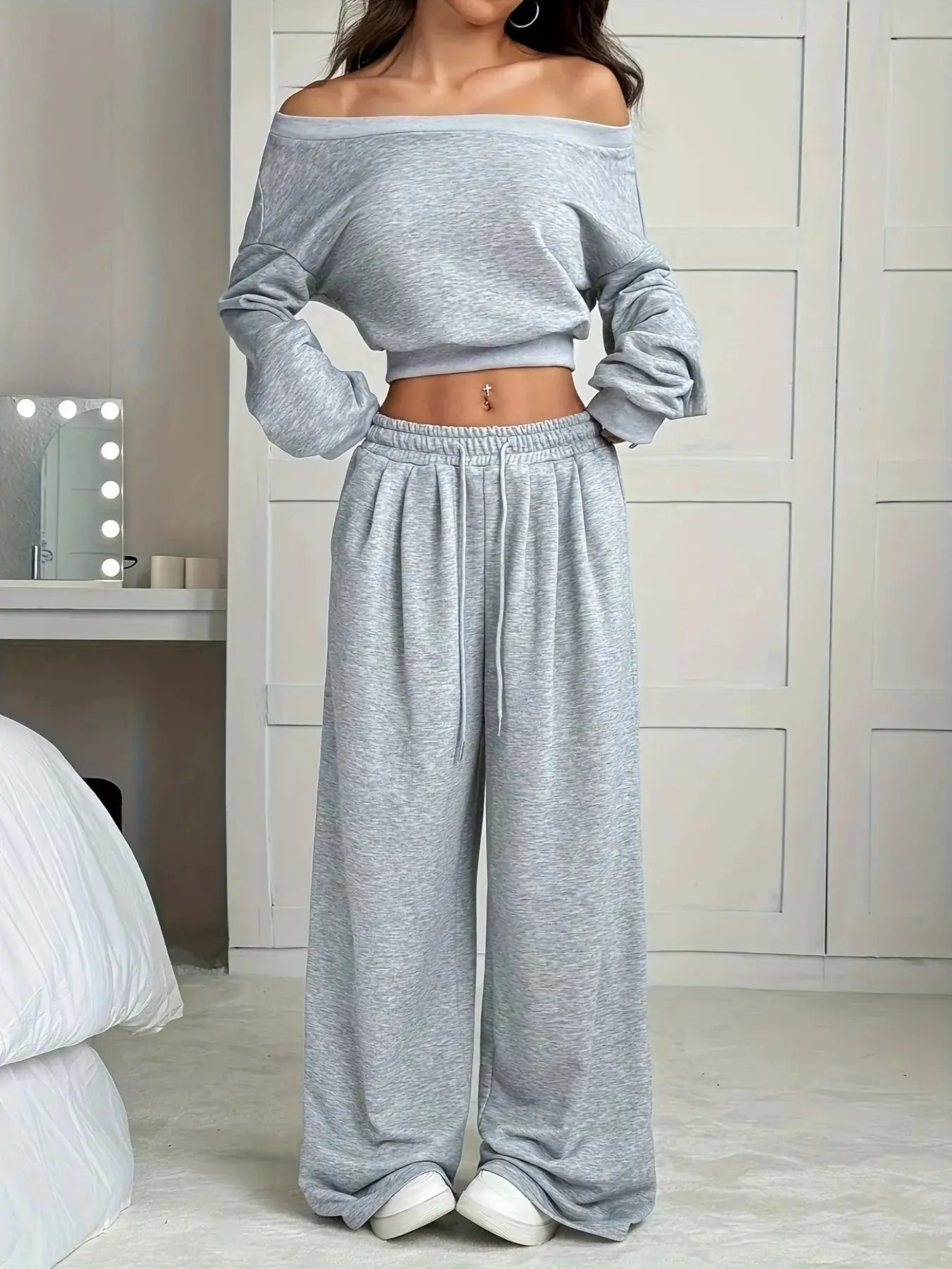 Full Size Boat Neck Crop Top & Wide Leg Pants Set Plus Size Trendsi