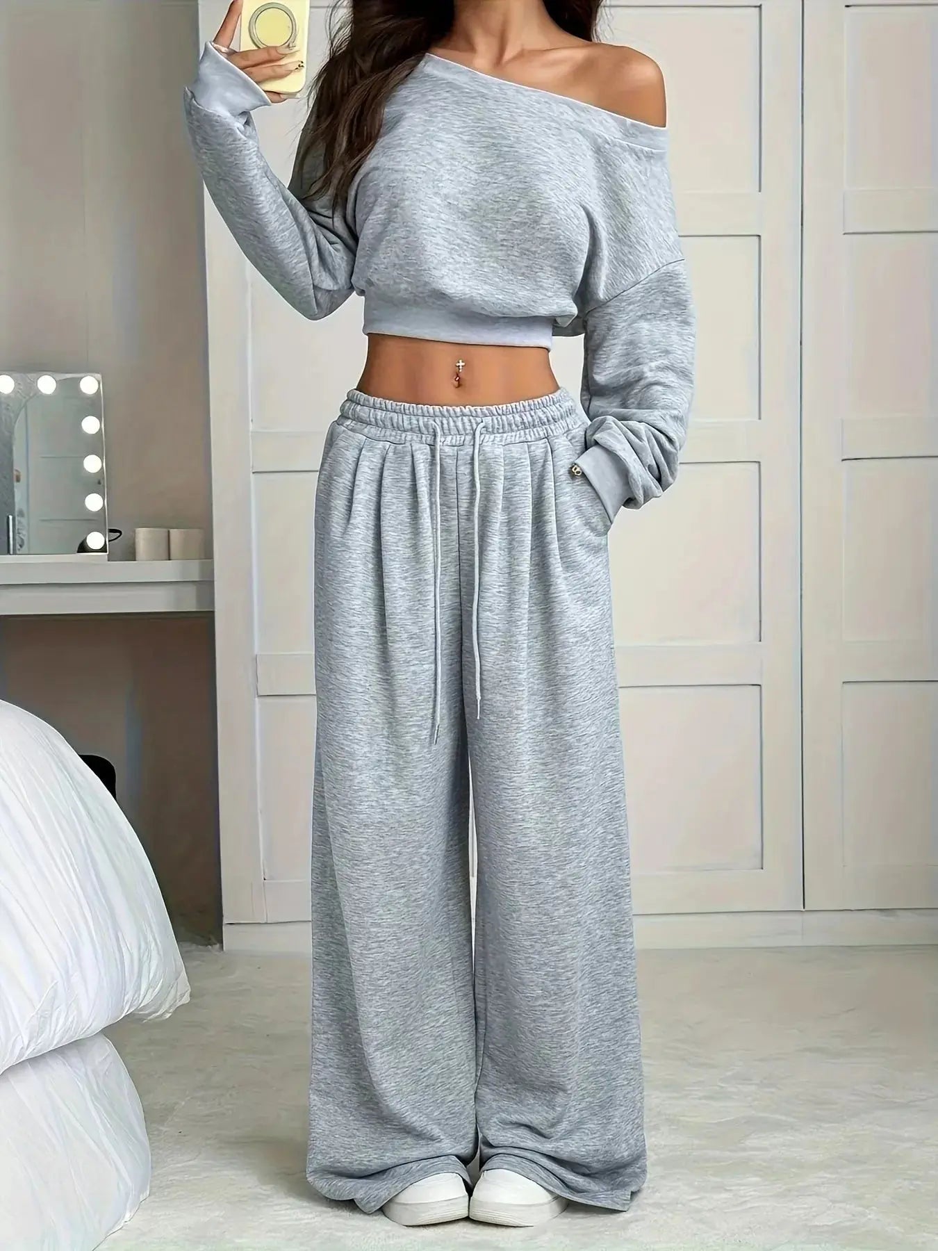 Full Size Boat Neck Crop Top & Wide Leg Pants Set Plus Size Trendsi