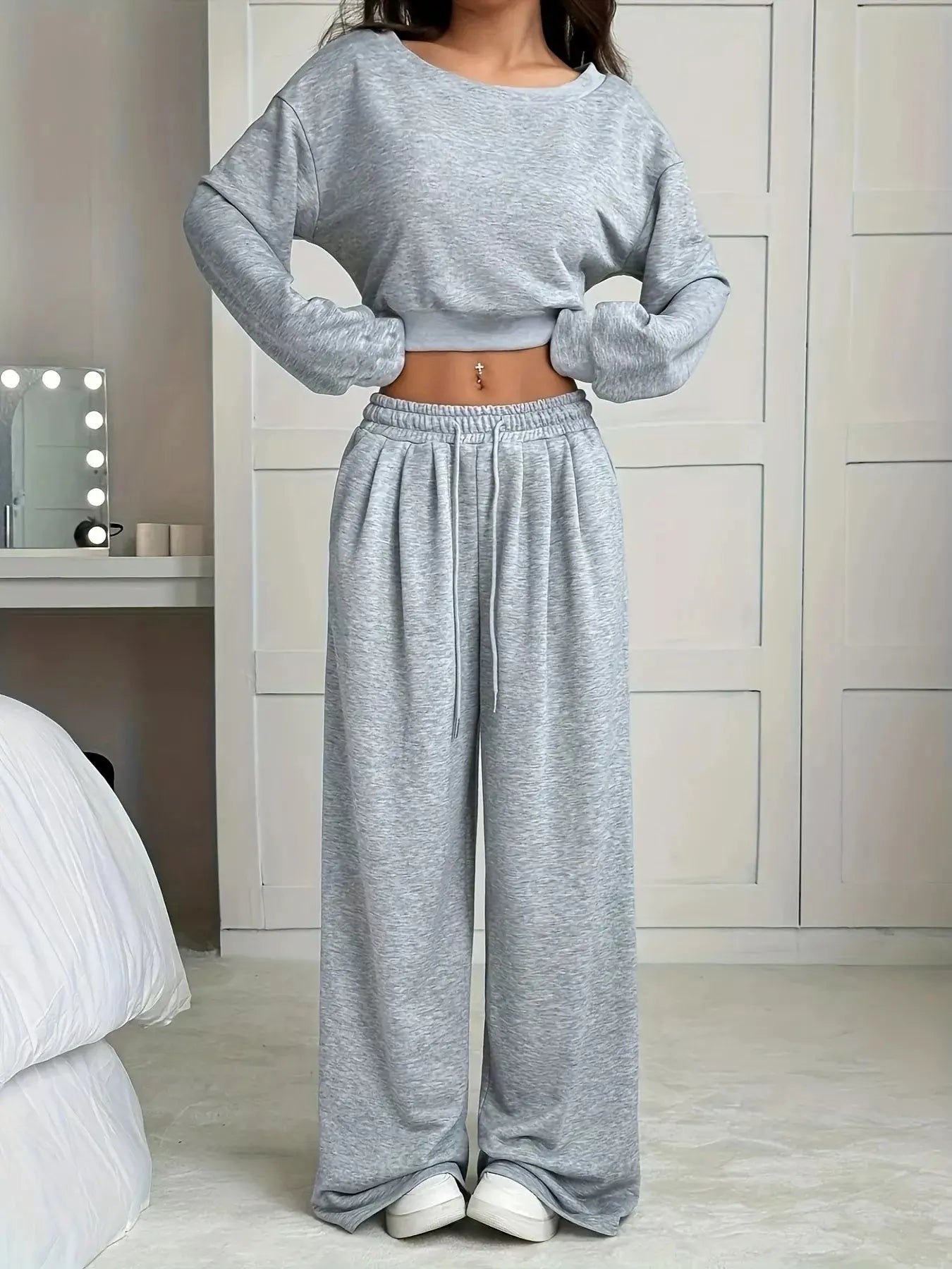 Full Size Boat Neck Crop Top & Wide Leg Pants Set Plus Size Trendsi