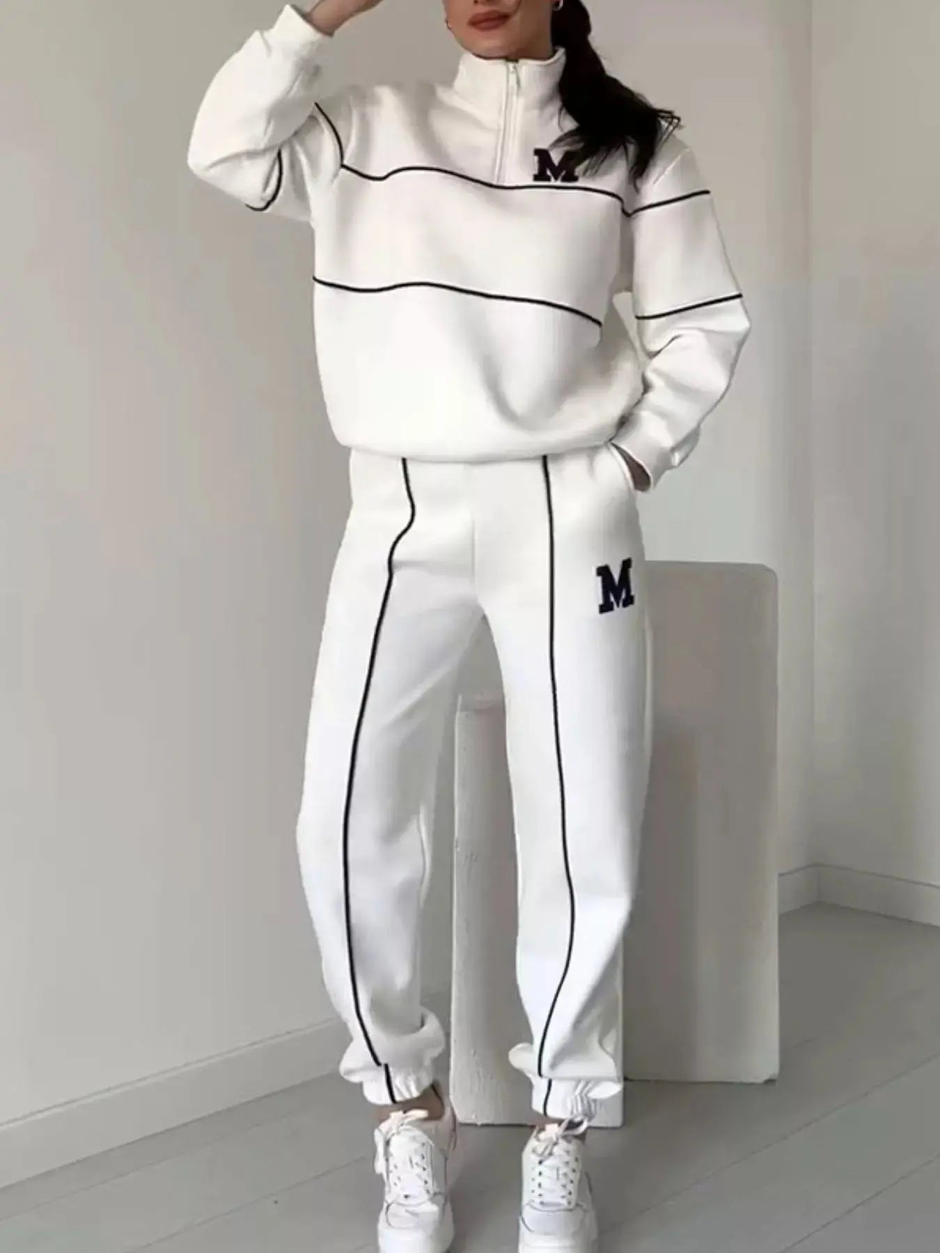 Full Size Striped Quarter Zip Top and Pants Set Plus Size Trendsi