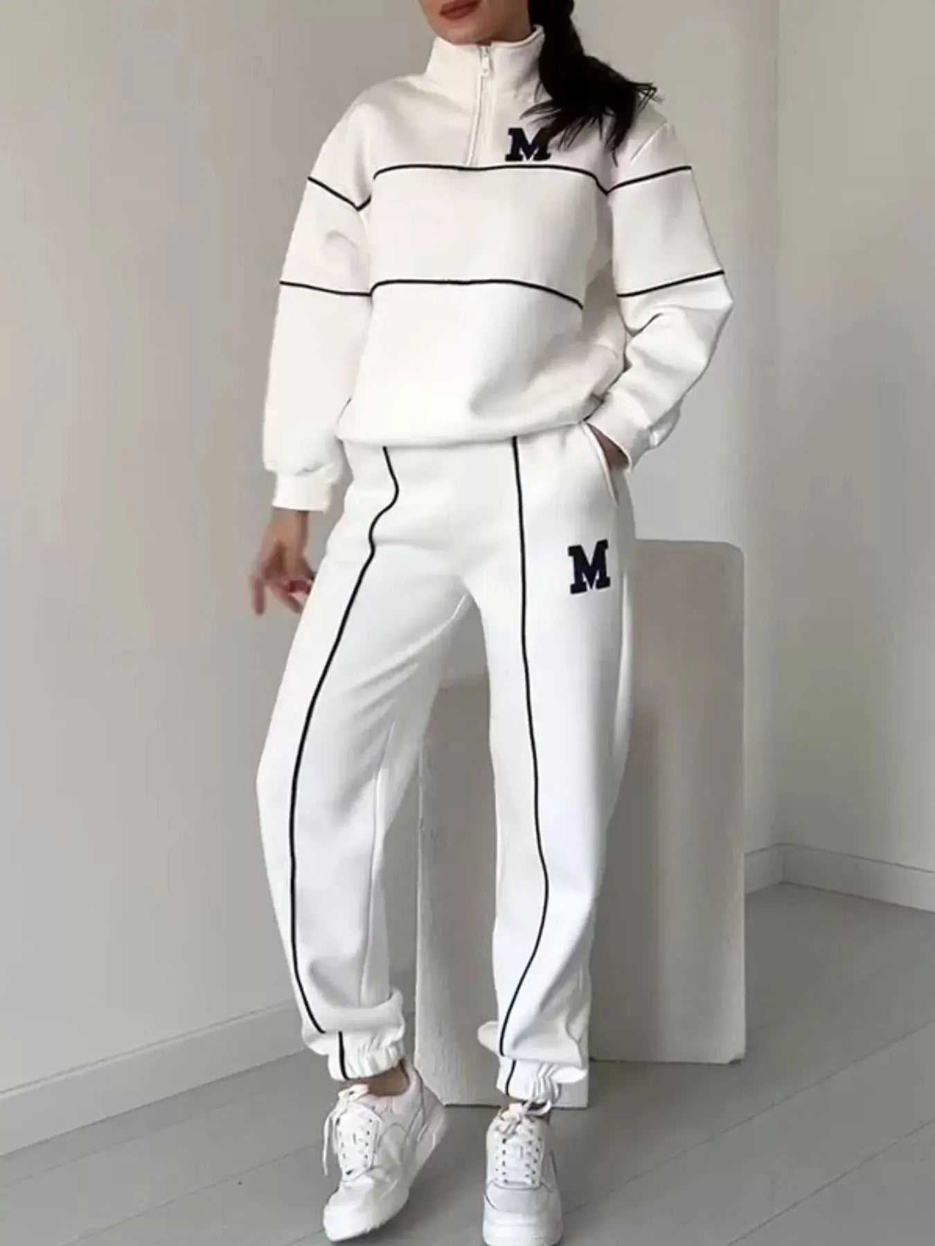 Full Size Striped Quarter Zip Top and Pants Set Plus Size Trendsi