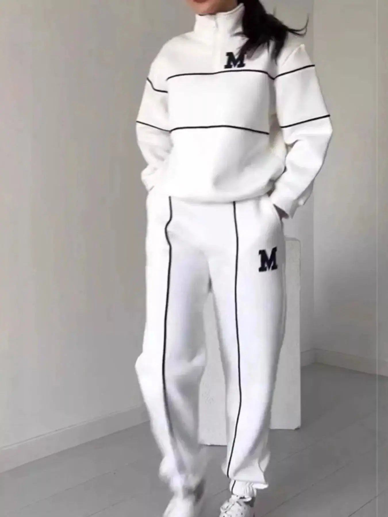 Full Size Striped Quarter Zip Top and Pants Set Plus Size Trendsi