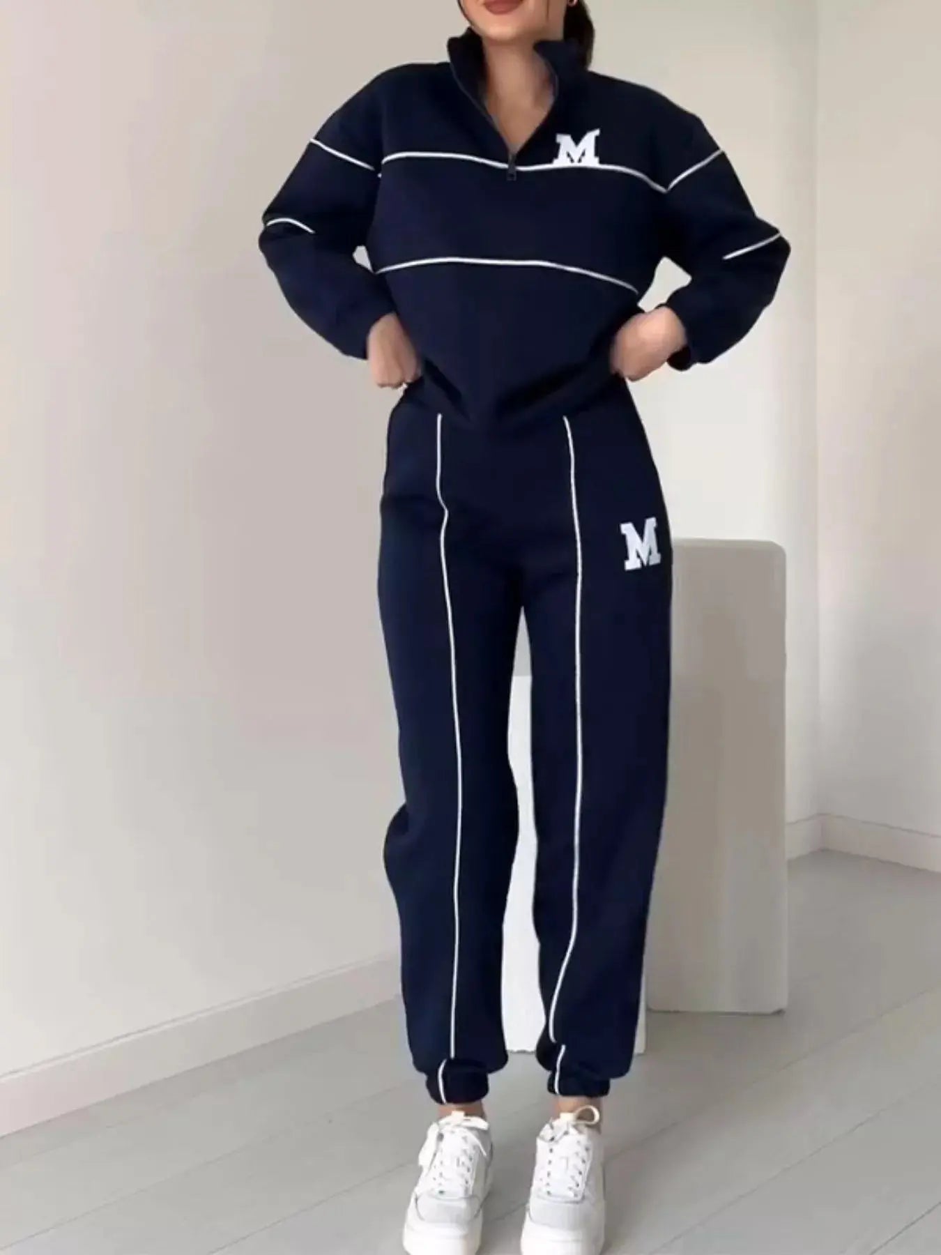 Full Size Striped Quarter Zip Top and Pants Set Plus Size Trendsi
