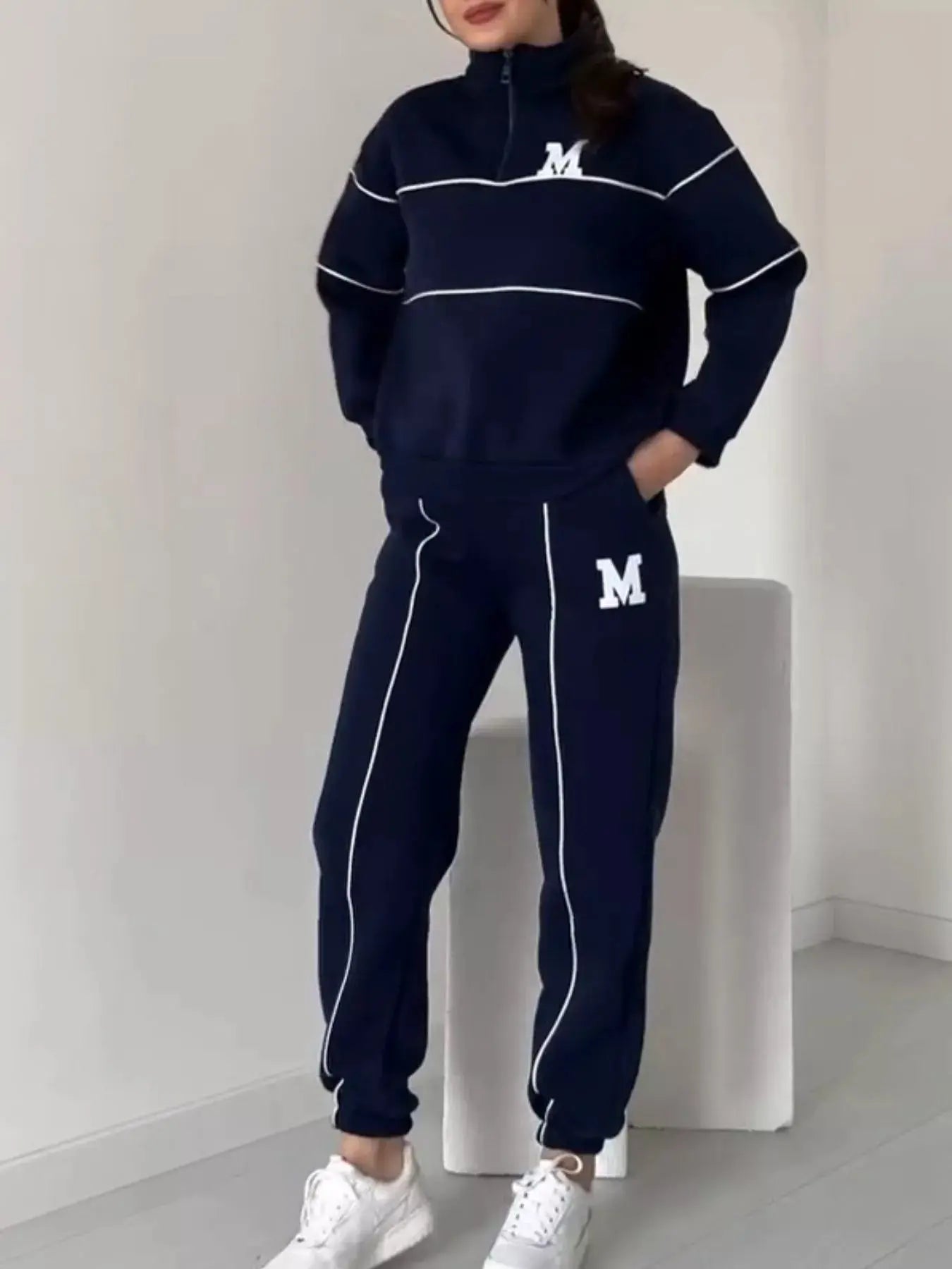 Full Size Striped Quarter Zip Top and Pants Set Plus Size Trendsi