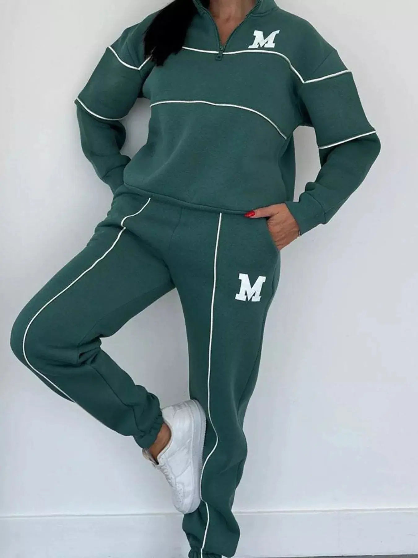 Full Size Striped Quarter Zip Top and Pants Set Plus Size Trendsi