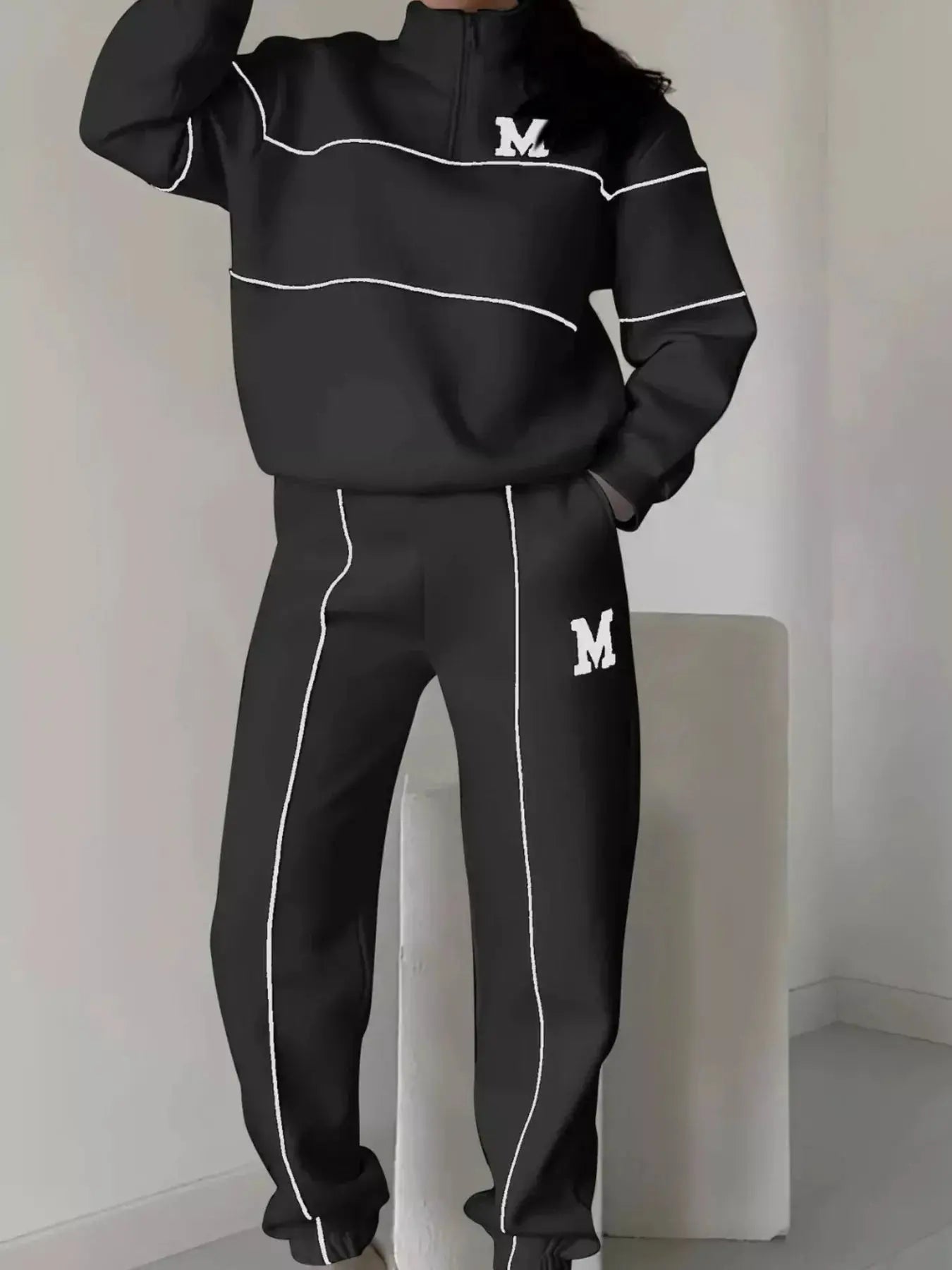 Full Size Striped Quarter Zip Top and Pants Set Plus Size Trendsi