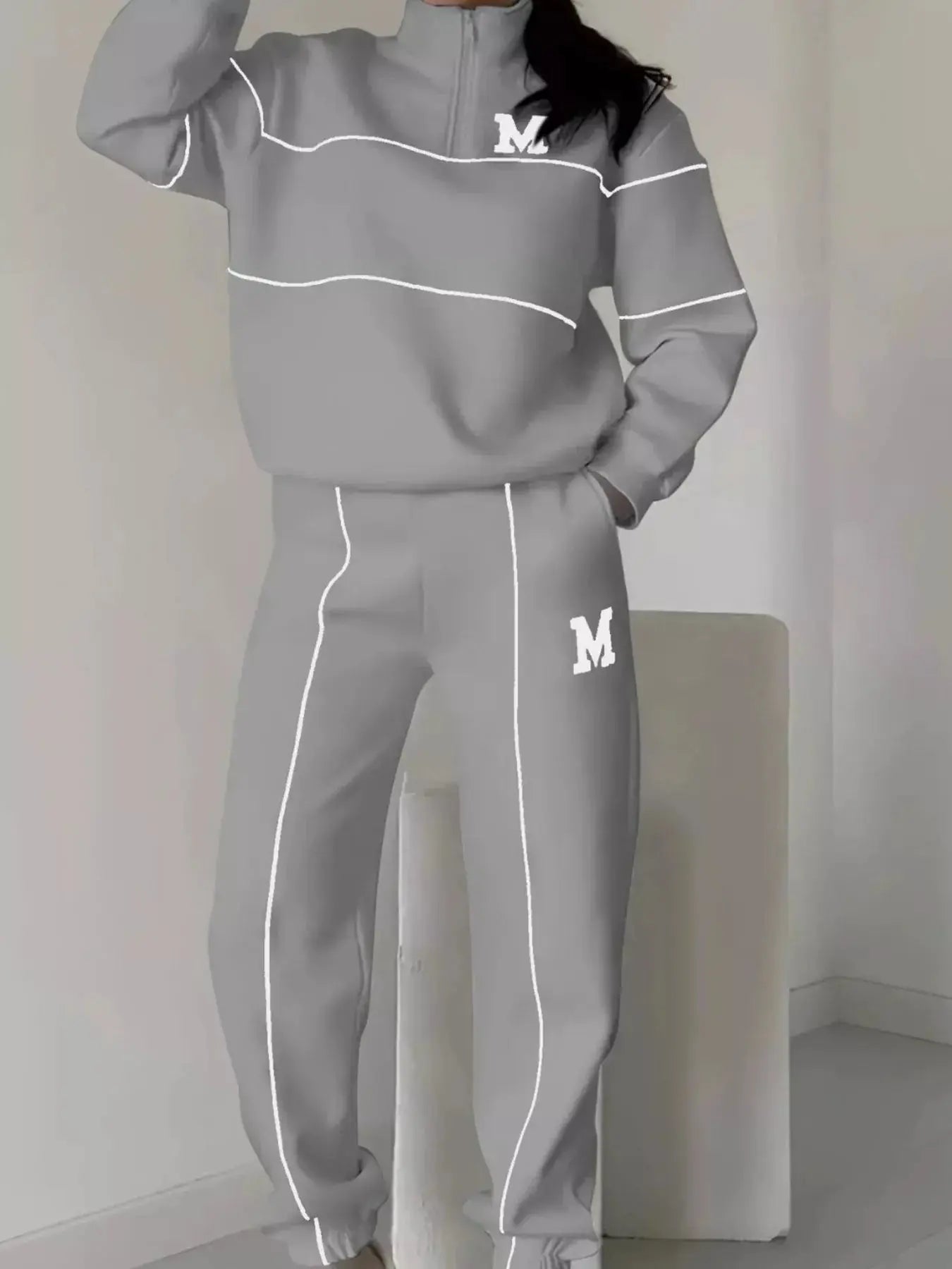 Full Size Striped Quarter Zip Top and Pants Set Plus Size Trendsi