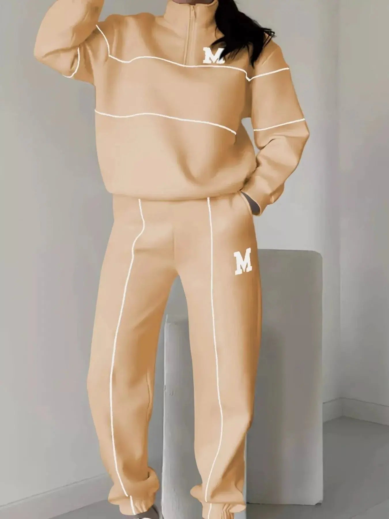 Full Size Striped Quarter Zip Top and Pants Set Plus Size Trendsi