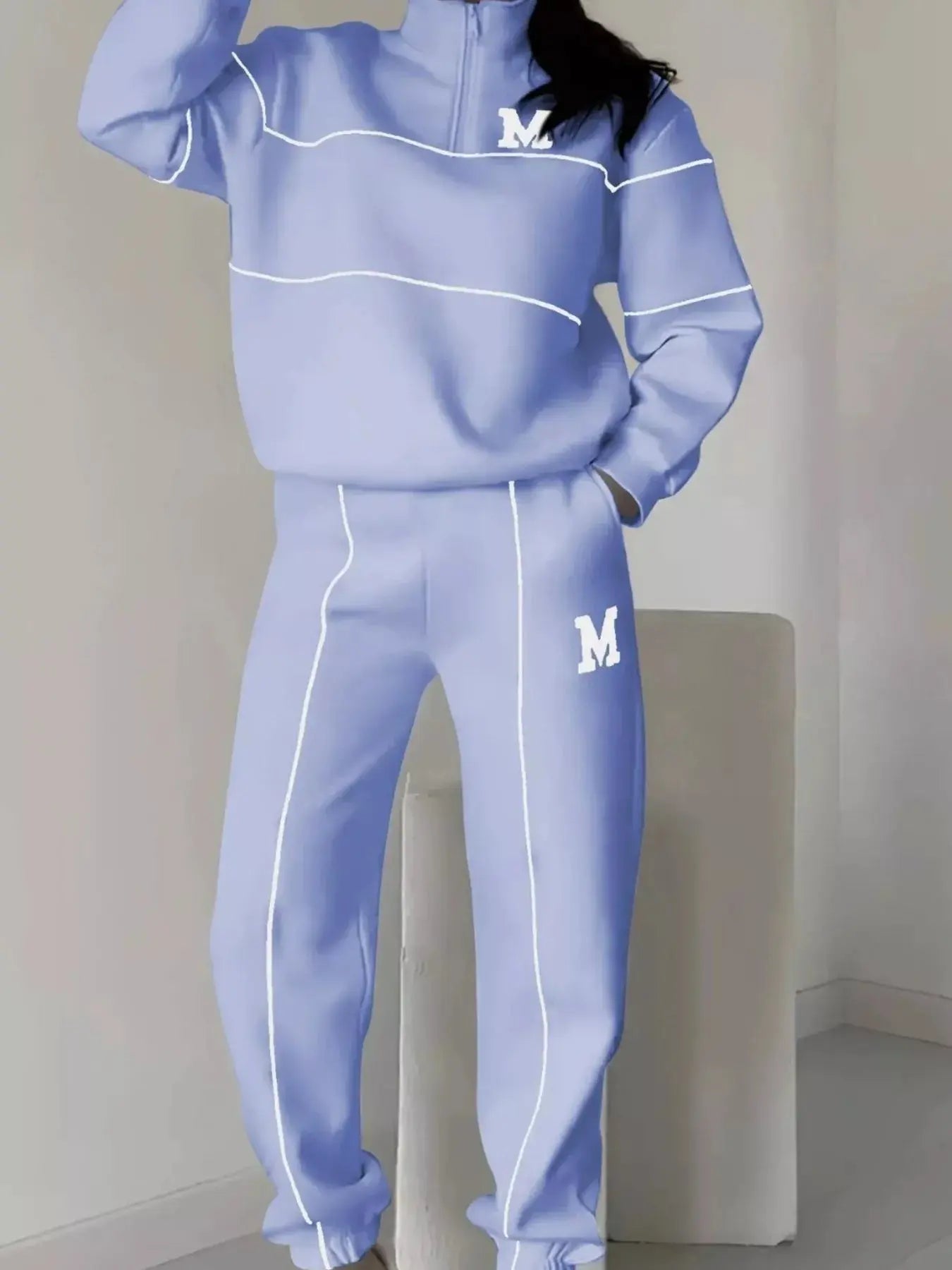 Full Size Striped Quarter Zip Top and Pants Set Plus Size Trendsi