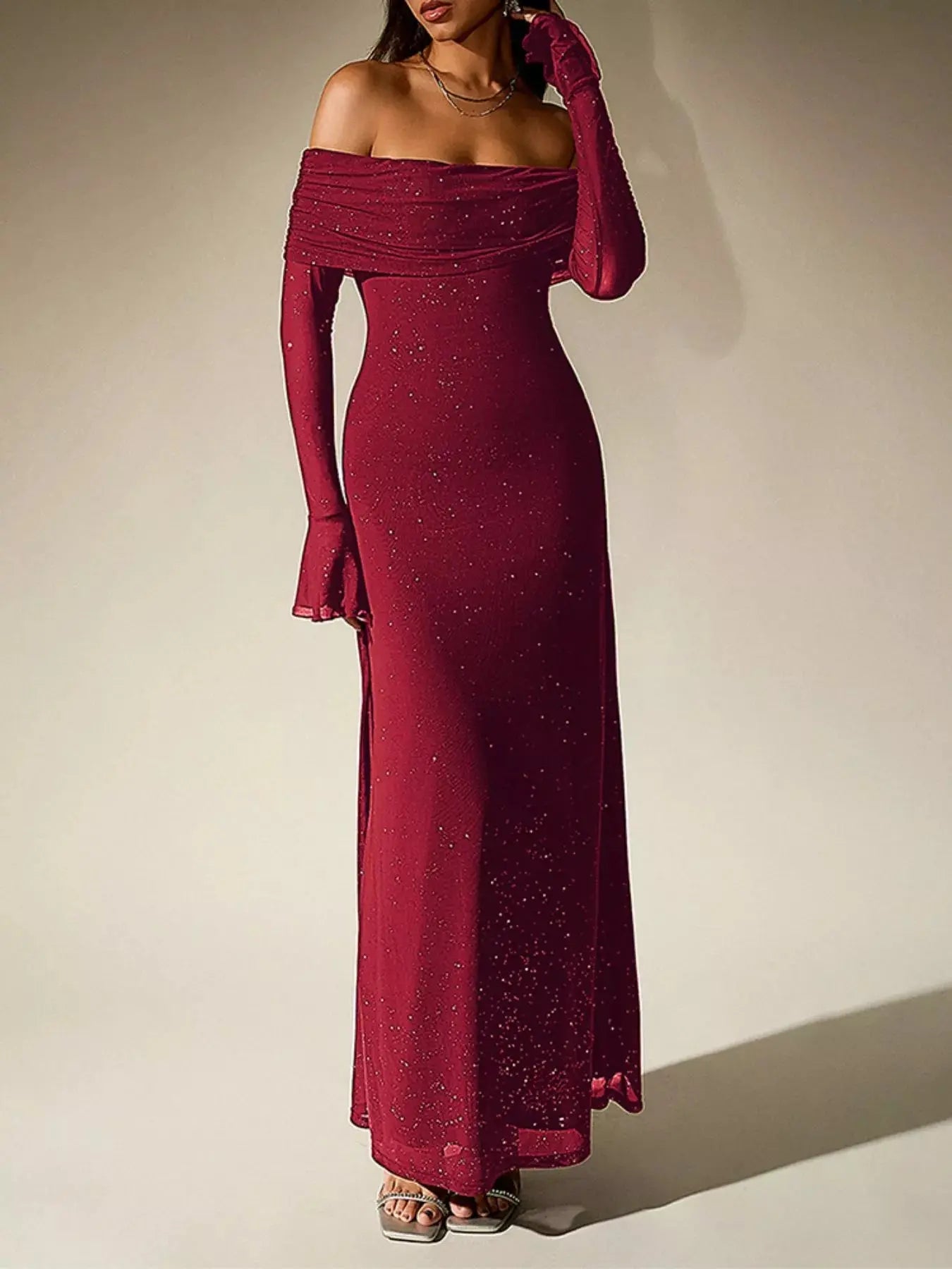 Glitter Off Shoulder Maxi Dress Stretch Polyester Gown Party Wear Trendsi