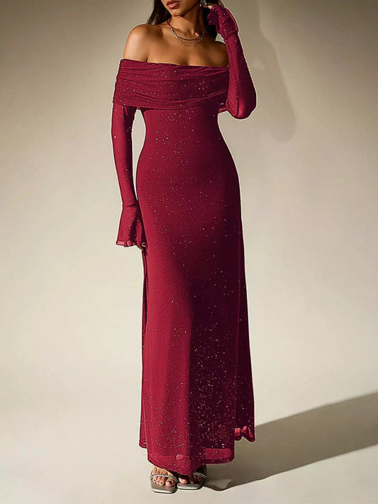 Glitter Off Shoulder Maxi Dress Stretch Polyester Gown Party Wear Trendsi