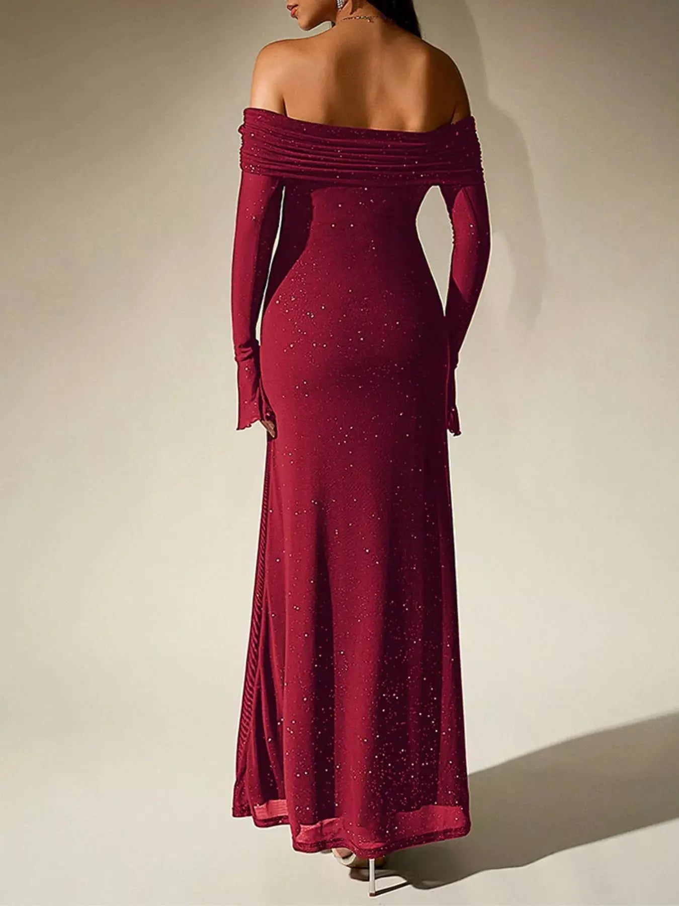 Glitter Off Shoulder Maxi Dress Stretch Polyester Gown Party Wear Trendsi
