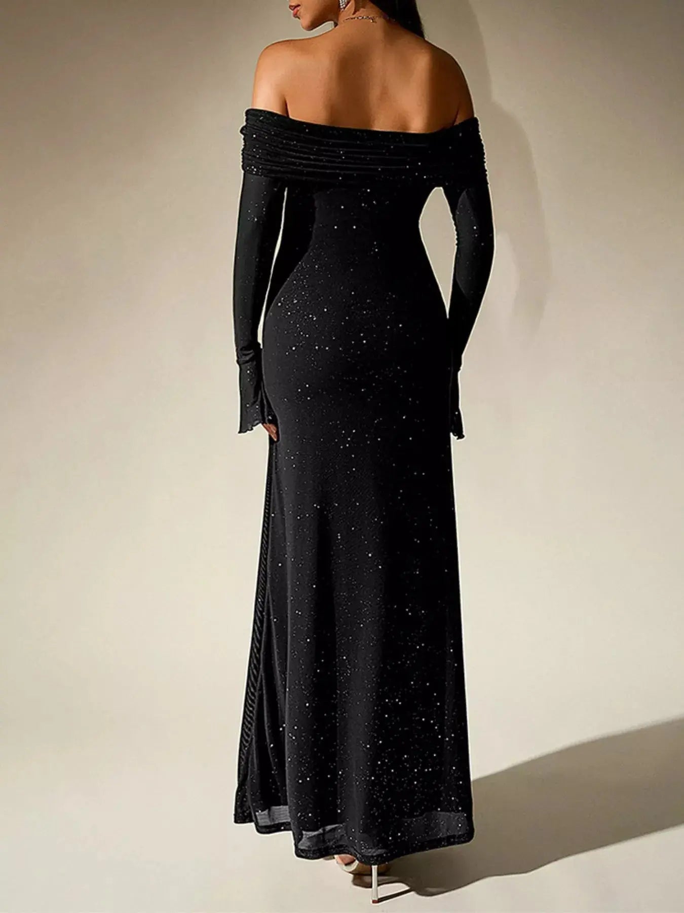 Glitter Off Shoulder Maxi Dress Stretch Polyester Gown Party Wear Trendsi