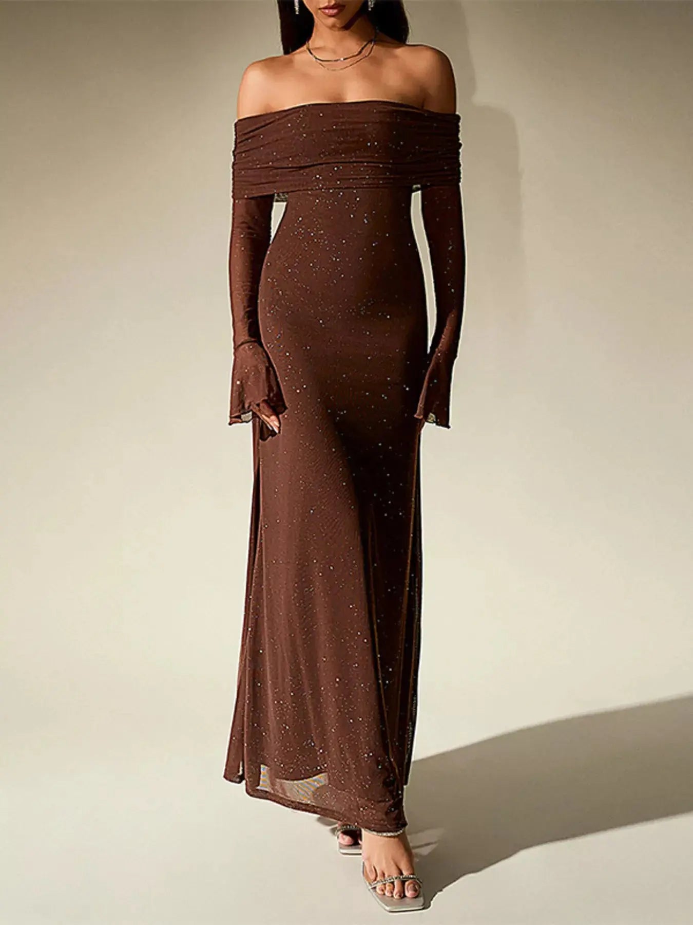 Glitter Off Shoulder Maxi Dress Stretch Polyester Gown Party Wear Trendsi