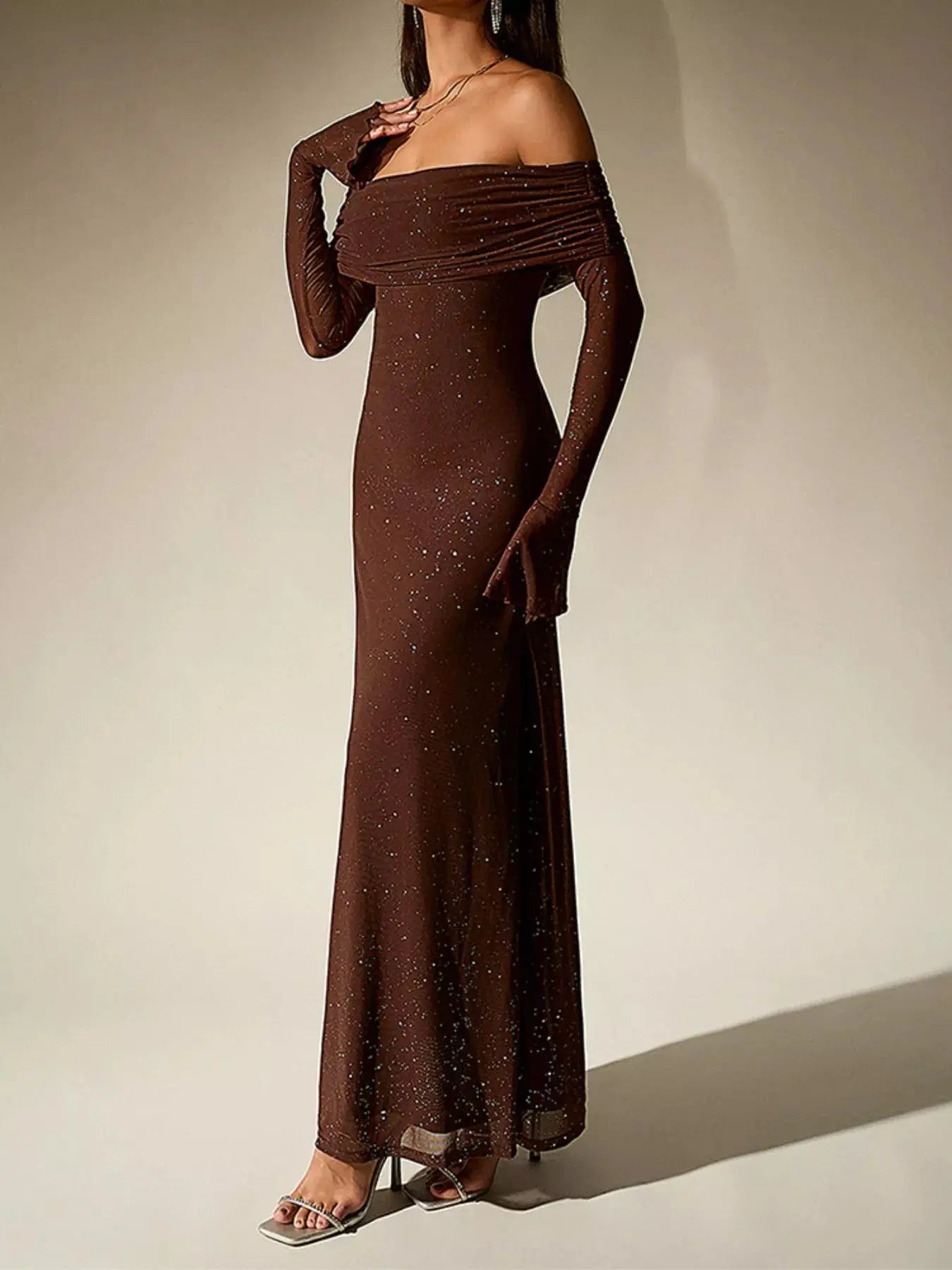 Glitter Off Shoulder Maxi Dress Stretch Polyester Gown Party Wear Trendsi