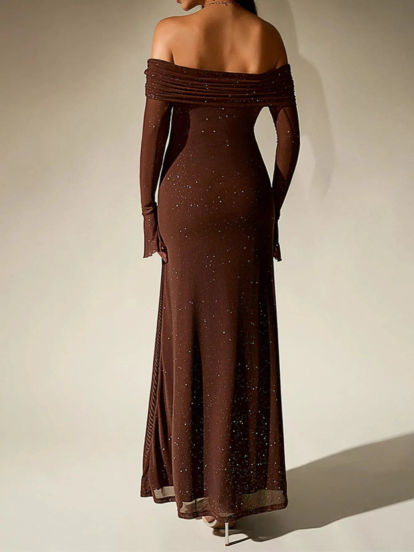 Glitter Off Shoulder Maxi Dress Stretch Polyester Gown Party Wear Trendsi