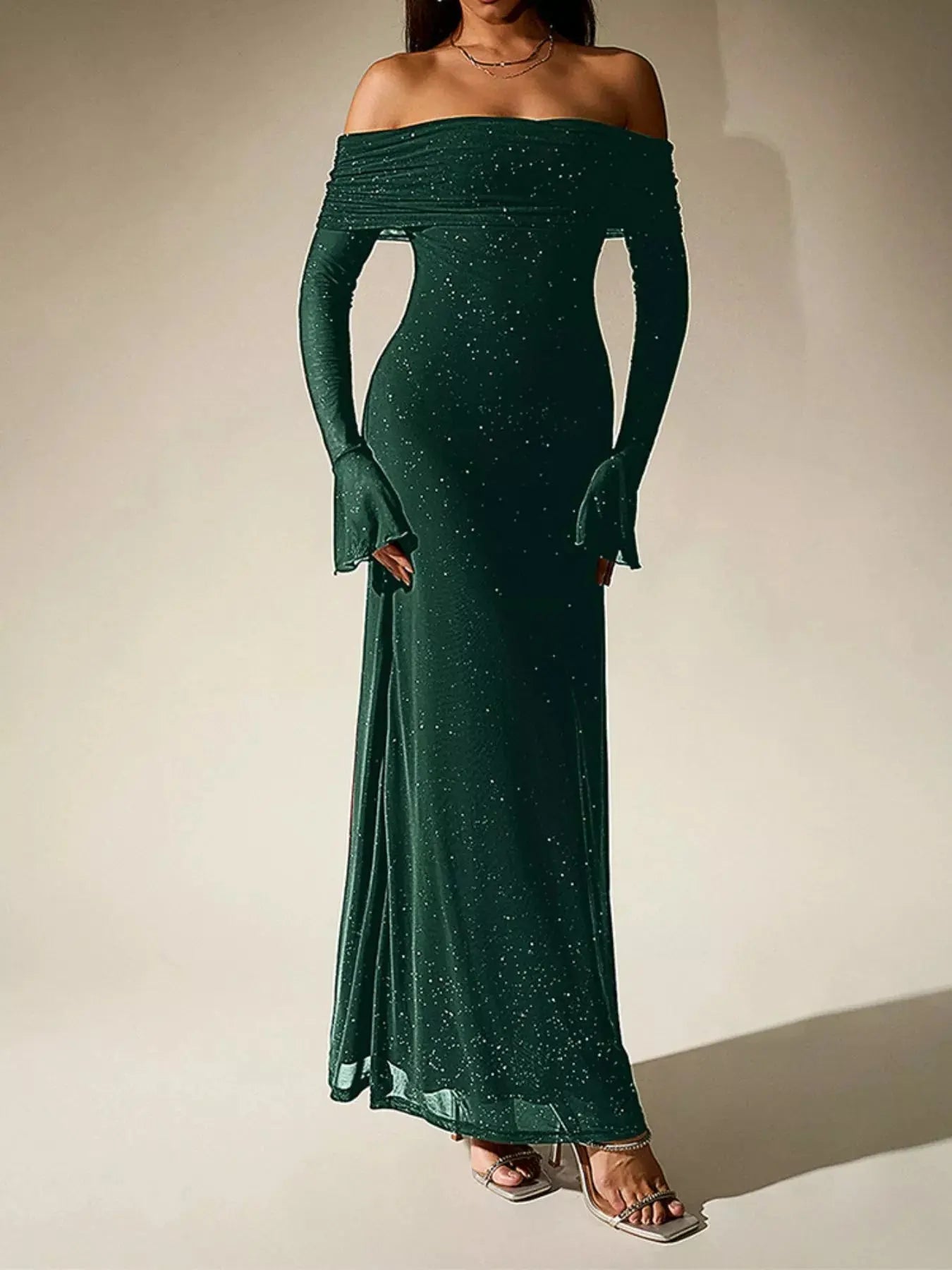 Glitter Off Shoulder Maxi Dress Stretch Polyester Gown Party Wear Trendsi