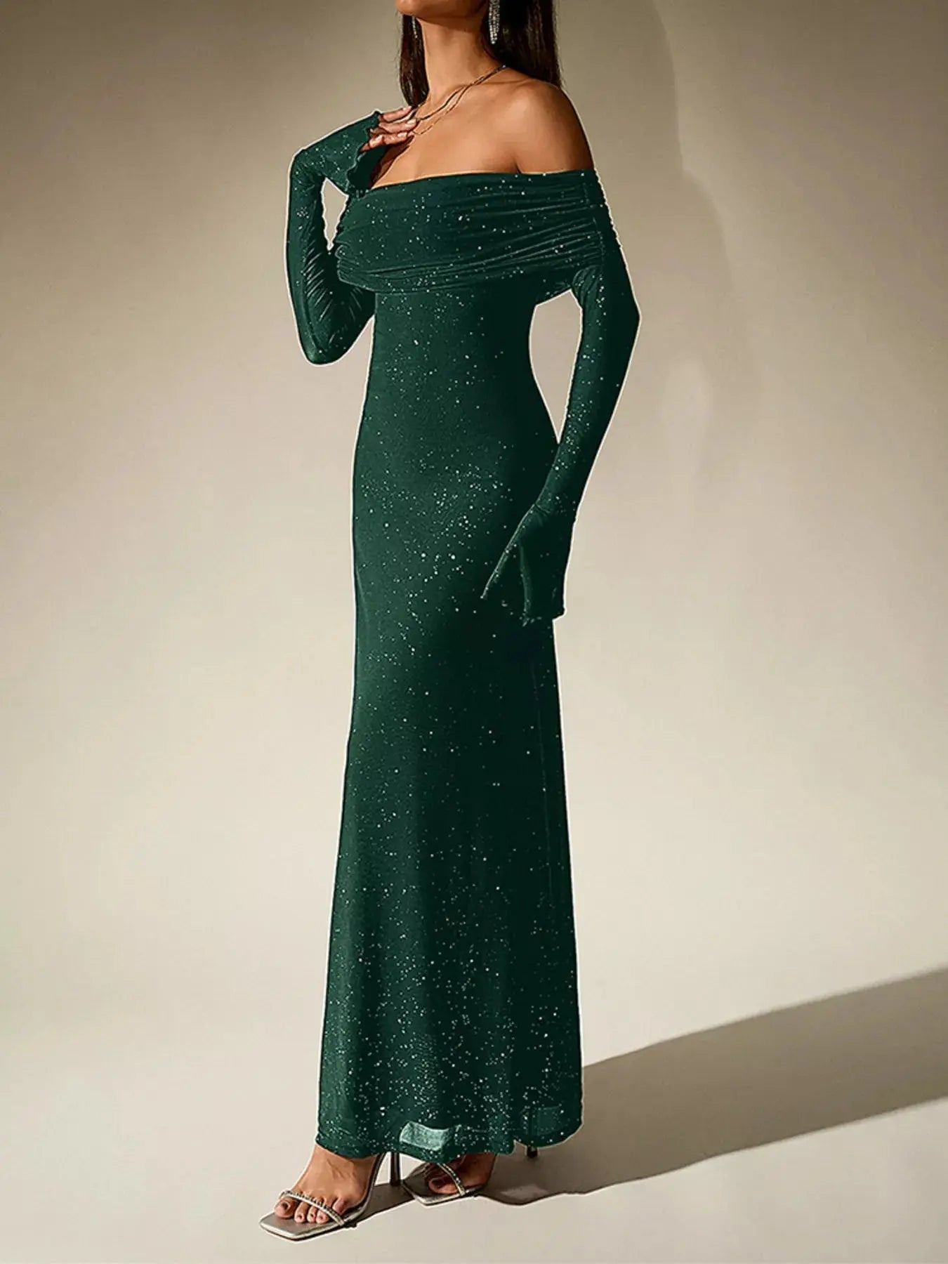 Glitter Off Shoulder Maxi Dress Stretch Polyester Gown Party Wear Trendsi