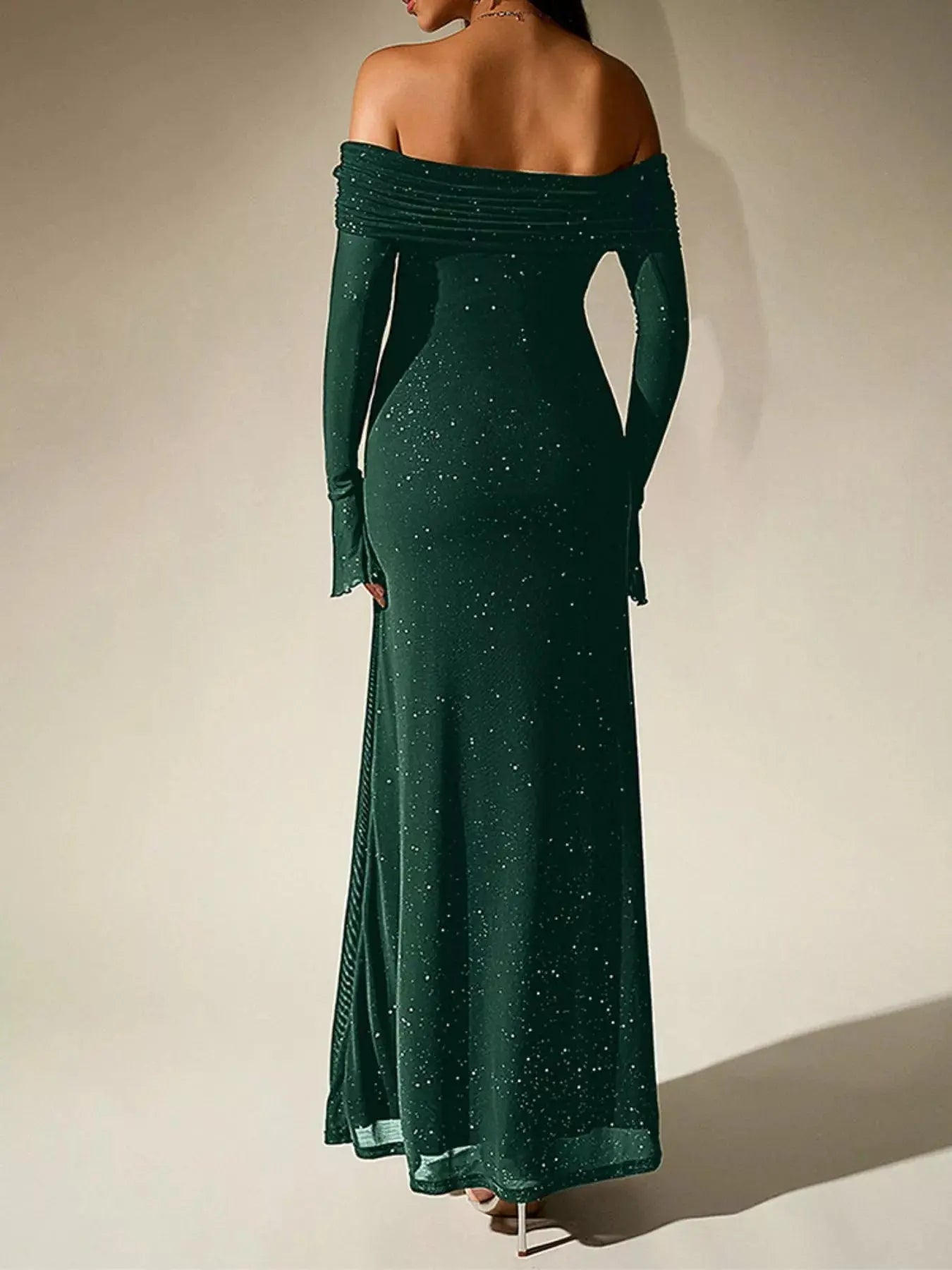 Glitter Off Shoulder Maxi Dress Stretch Polyester Gown Party Wear Trendsi