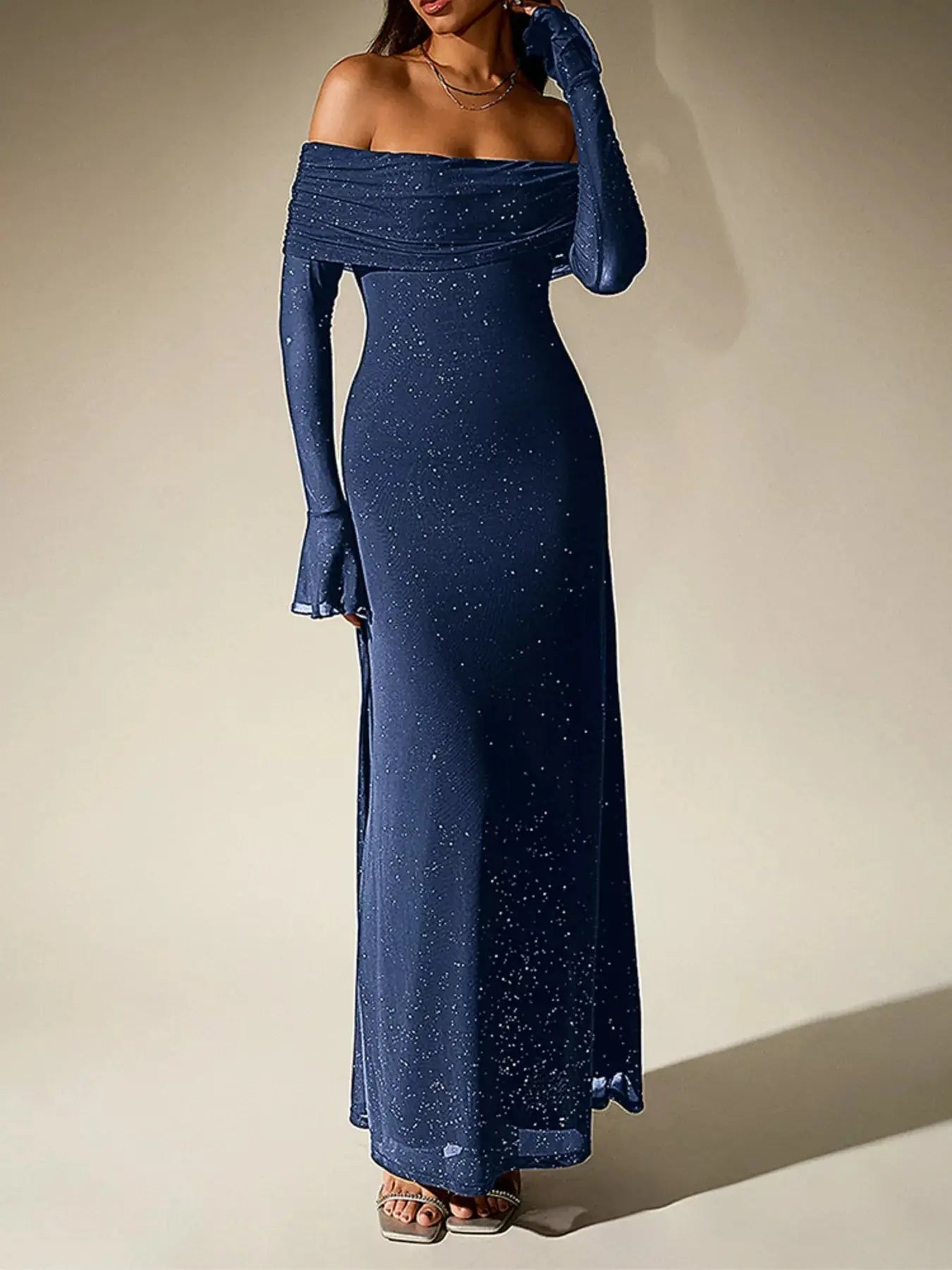 Glitter Off Shoulder Maxi Dress Stretch Polyester Gown Party Wear Trendsi