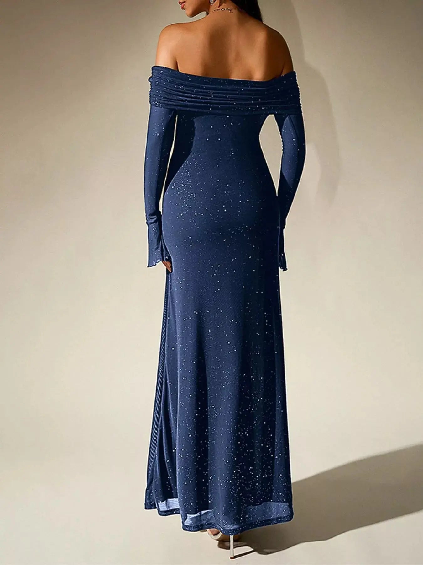 Glitter Off Shoulder Maxi Dress Stretch Polyester Gown Party Wear Trendsi