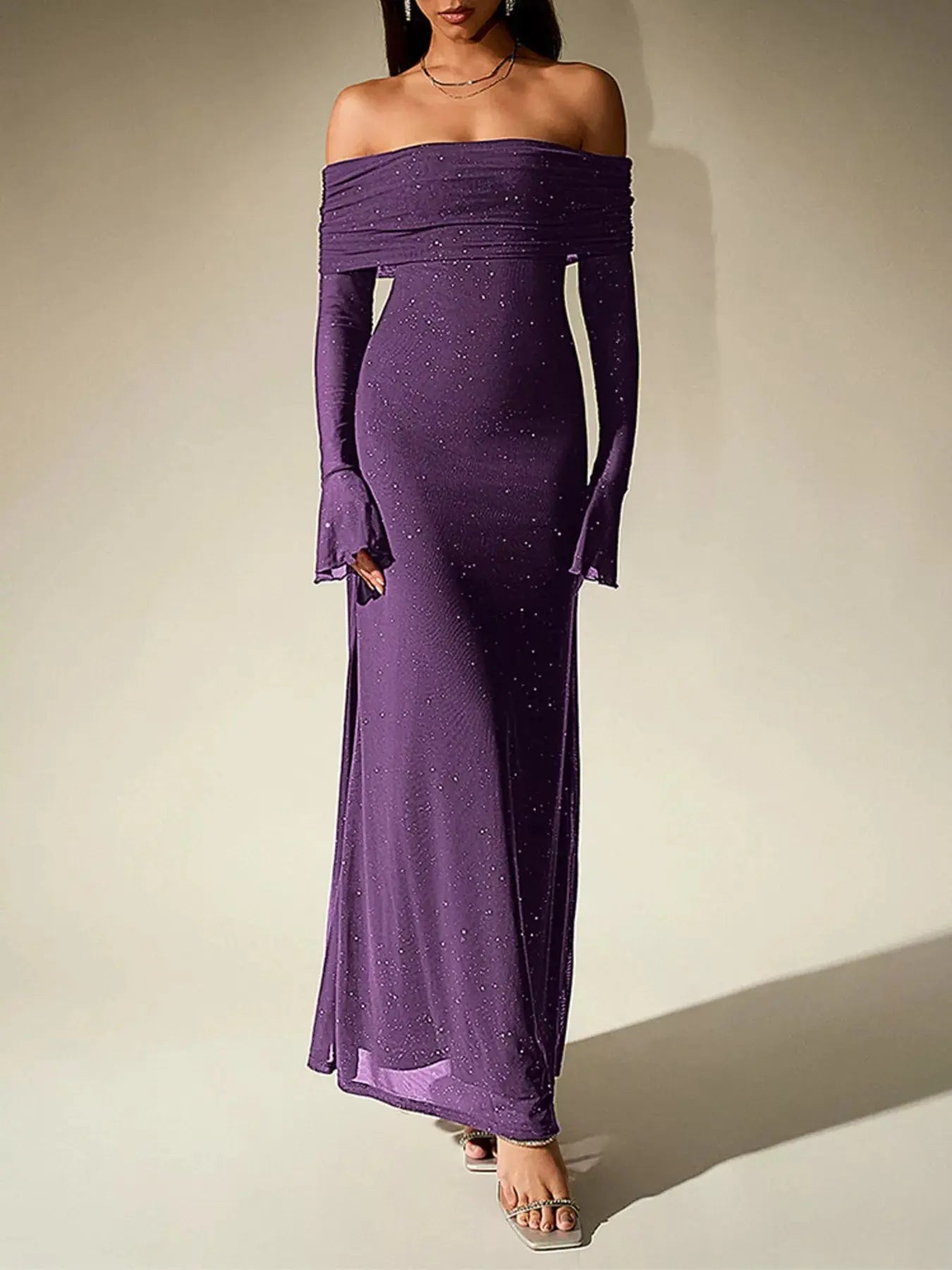 Glitter Off Shoulder Maxi Dress Stretch Polyester Gown Party Wear Trendsi