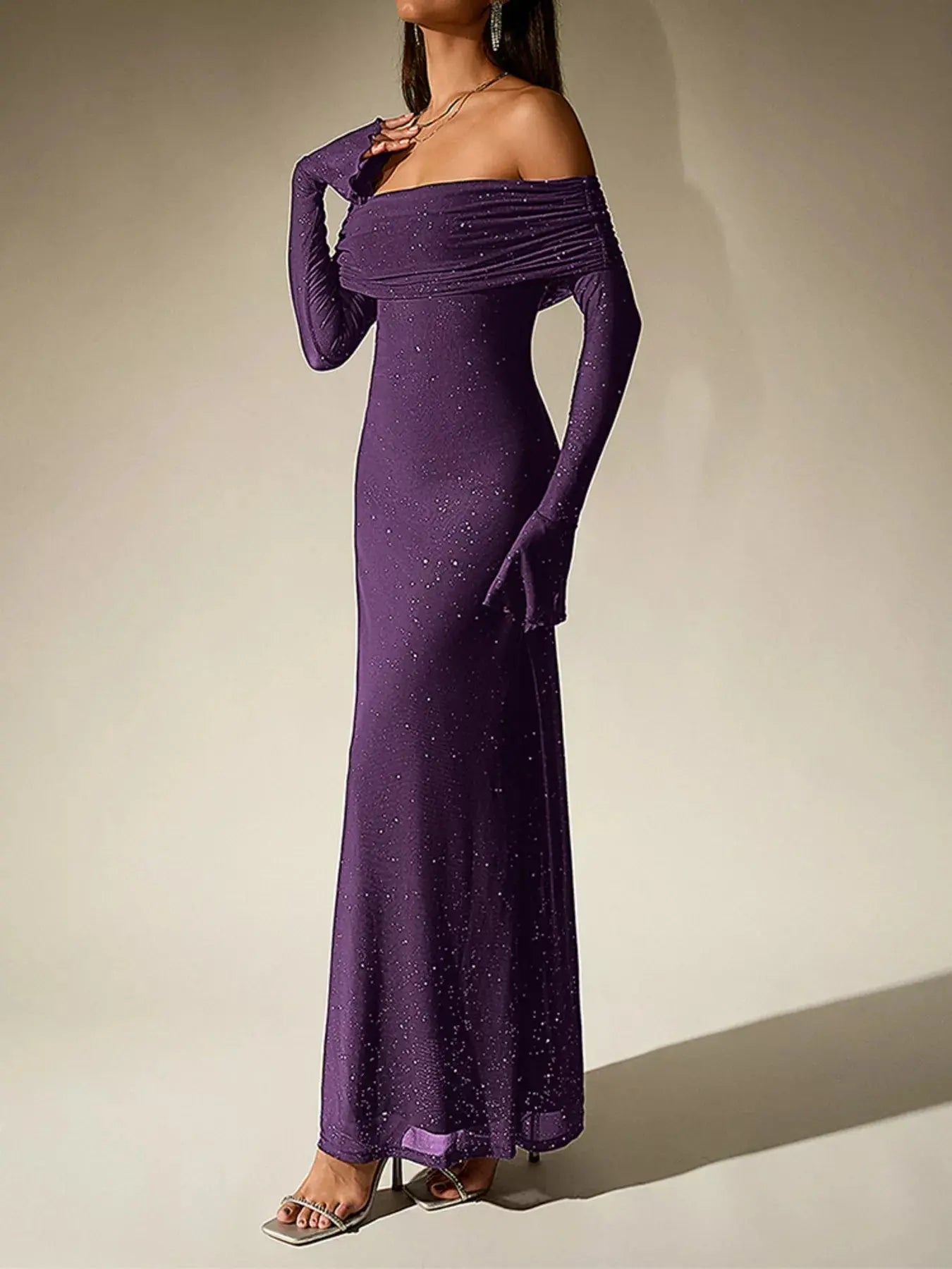 Glitter Off Shoulder Maxi Dress Stretch Polyester Gown Party Wear Trendsi