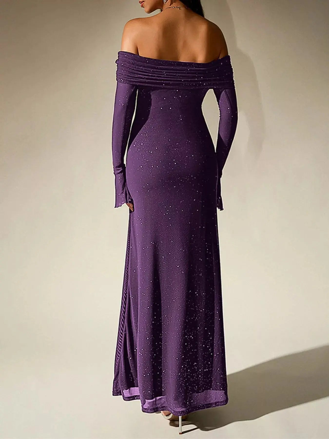 Glitter Off Shoulder Maxi Dress Stretch Polyester Gown Party Wear Trendsi