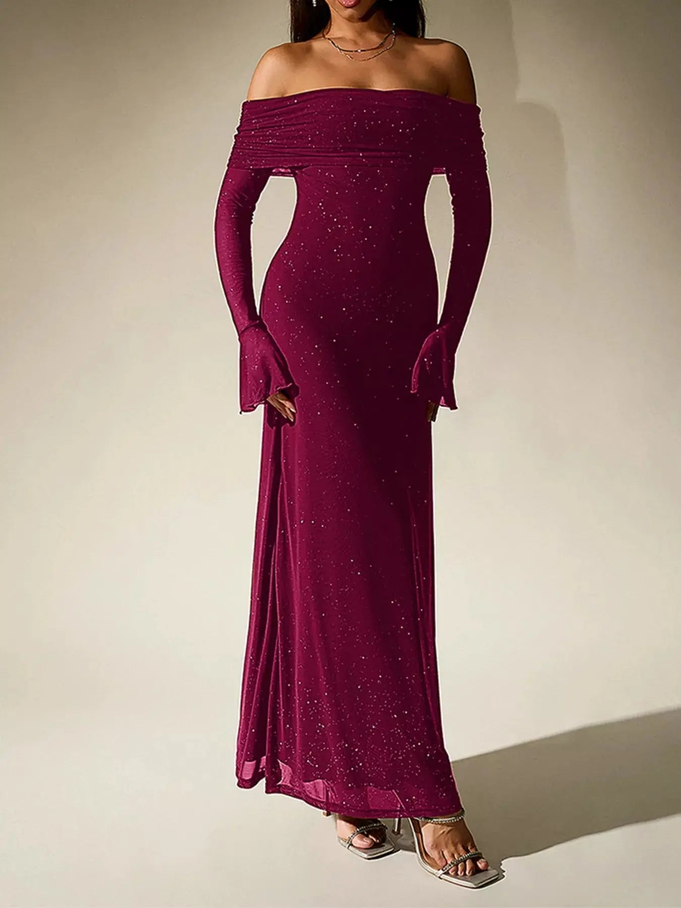 Glitter Off Shoulder Maxi Dress Stretch Polyester Gown Party Wear Trendsi