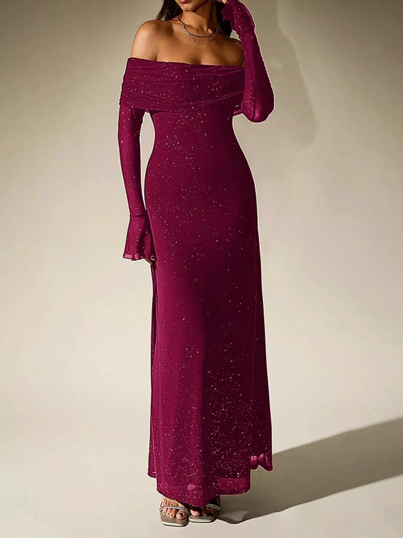 Glitter Off Shoulder Maxi Dress Stretch Polyester Gown Party Wear Trendsi