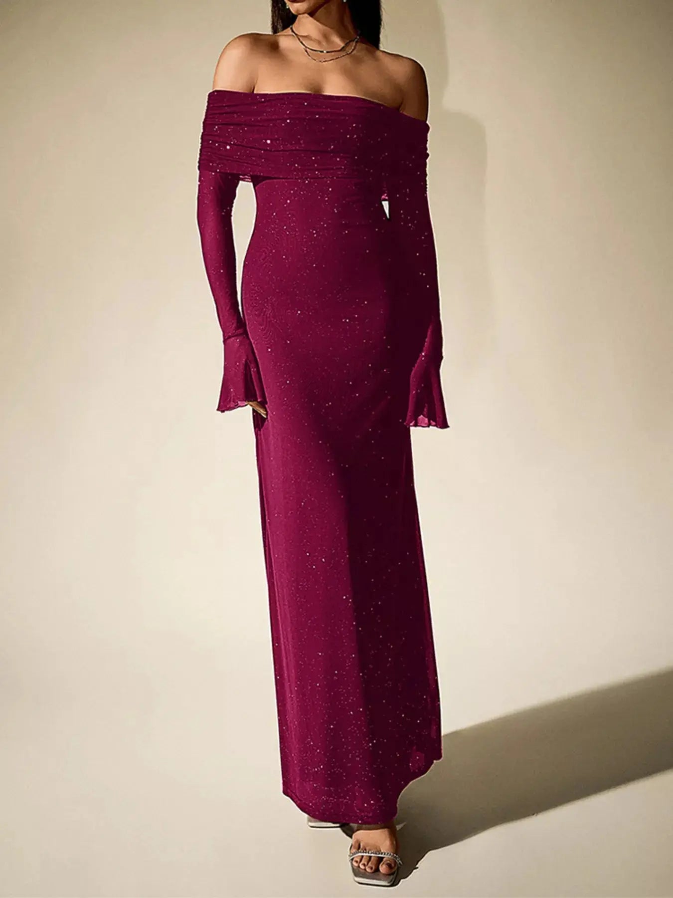 Glitter Off Shoulder Maxi Dress Stretch Polyester Gown Party Wear Trendsi