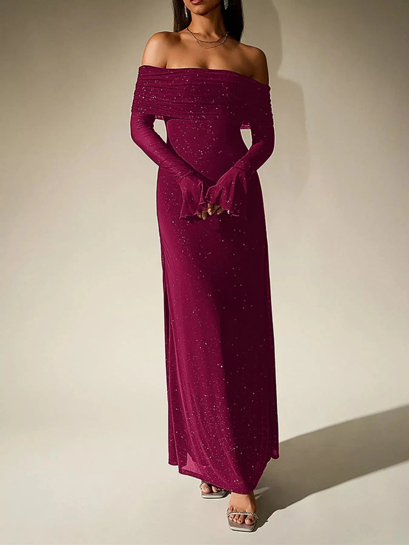 Glitter Off Shoulder Maxi Dress Stretch Polyester Gown Party Wear Trendsi