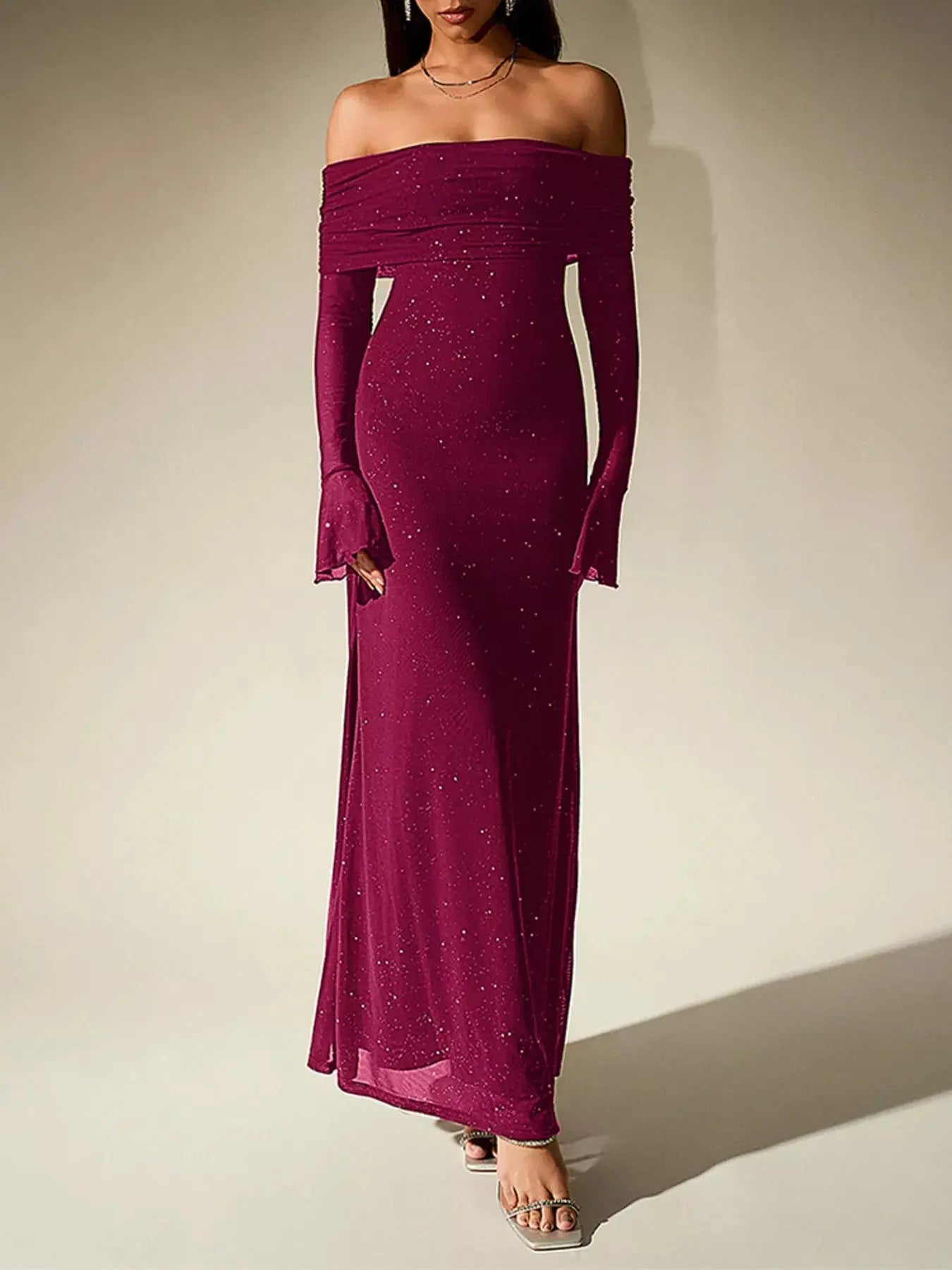 Glitter Off Shoulder Maxi Dress Stretch Polyester Gown Party Wear Trendsi