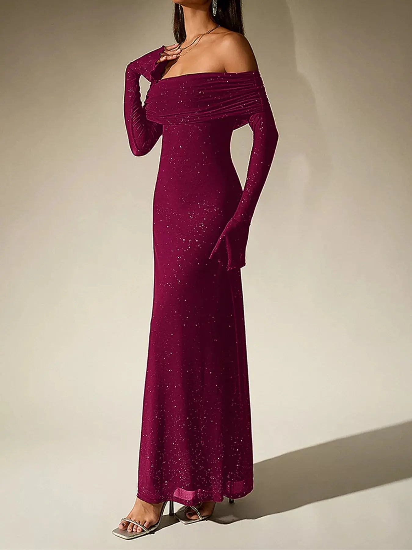 Glitter Off Shoulder Maxi Dress Stretch Polyester Gown Party Wear Trendsi