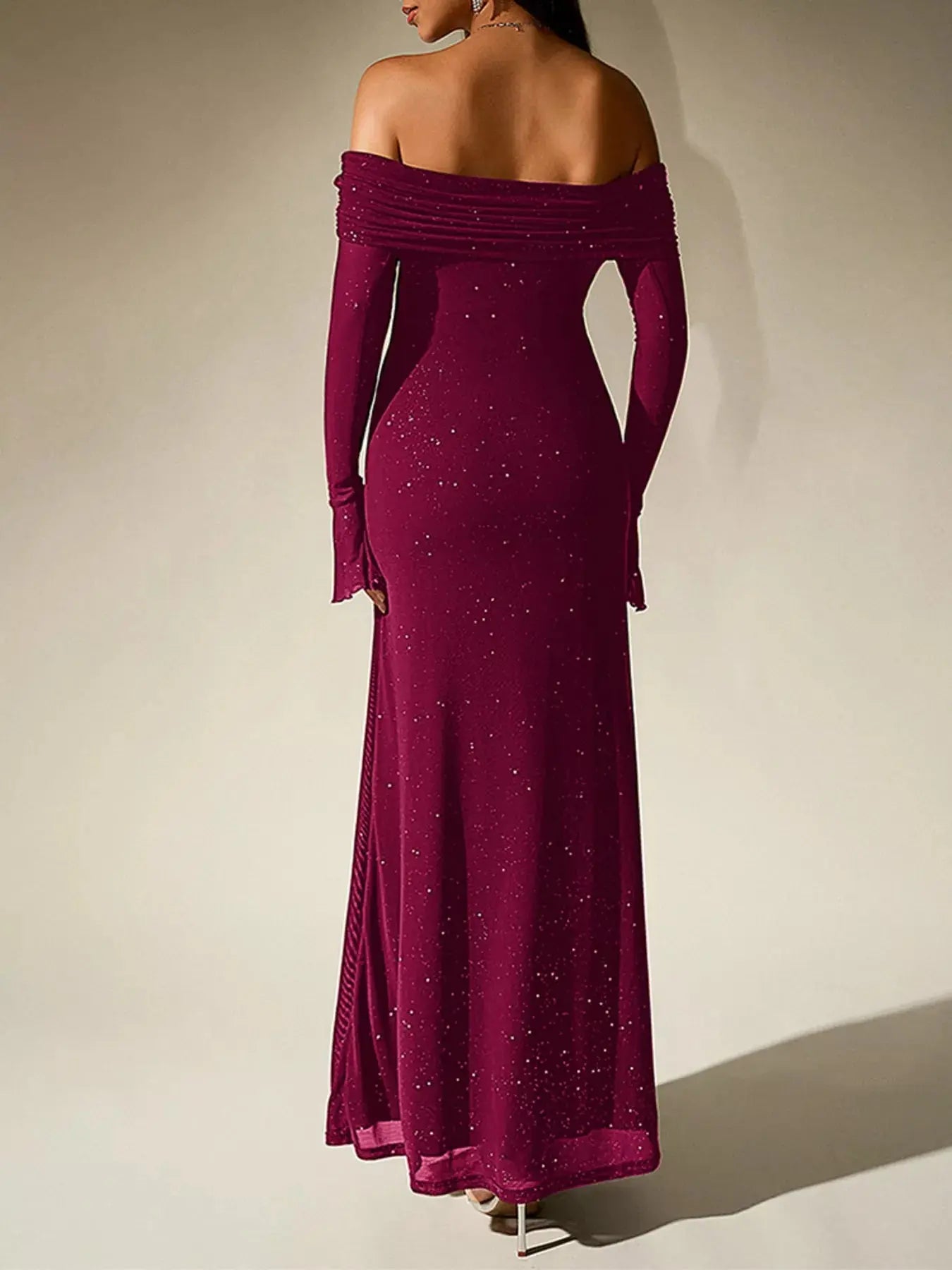 Glitter Off Shoulder Maxi Dress Stretch Polyester Gown Party Wear Trendsi