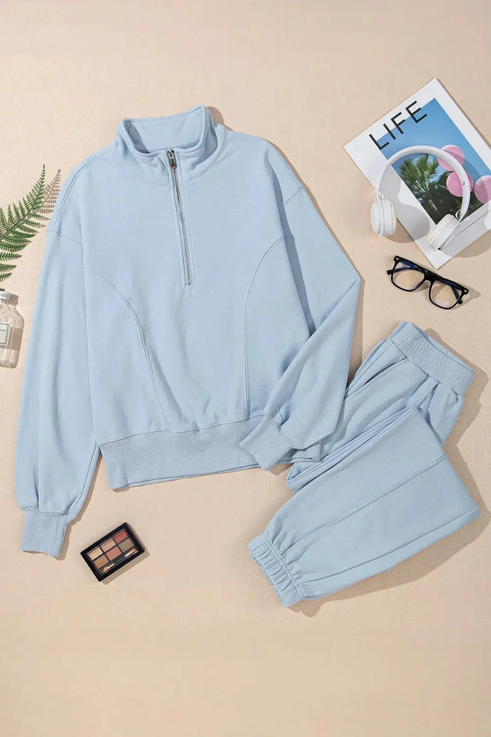 Half Zip Long Sleeve Top and Joggers Set Trendsi