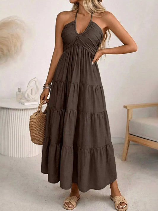 Halter Neck Tiered Midi Dress With Smocked Bodice And Tie Straps Trendsi