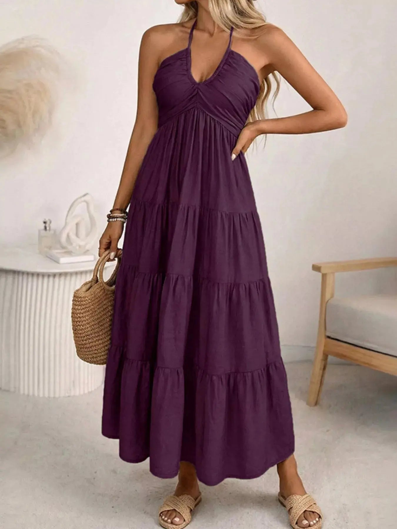 Halter Neck Tiered Midi Dress With Smocked Bodice And Tie Straps Trendsi