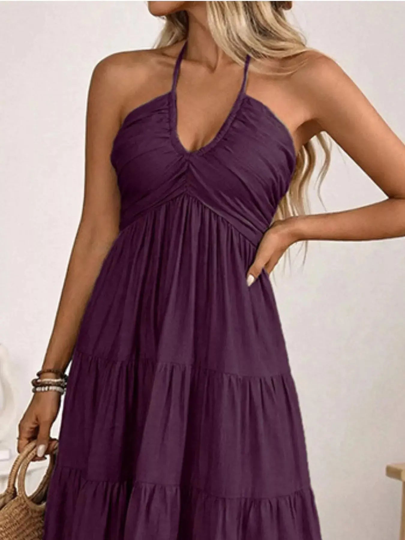 Halter Neck Tiered Midi Dress With Smocked Bodice And Tie Straps Trendsi