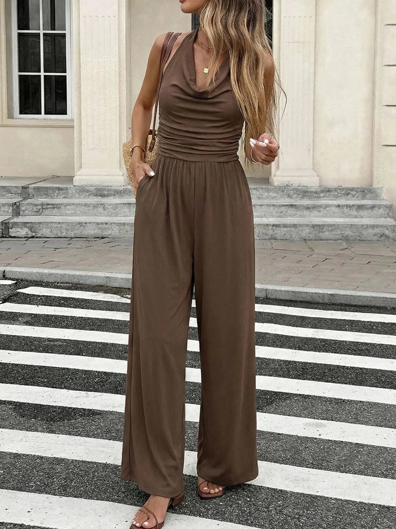 Halter Neck Wide Leg Jumpsuit With Button Detail Polyester Elastane Blend Trendsi